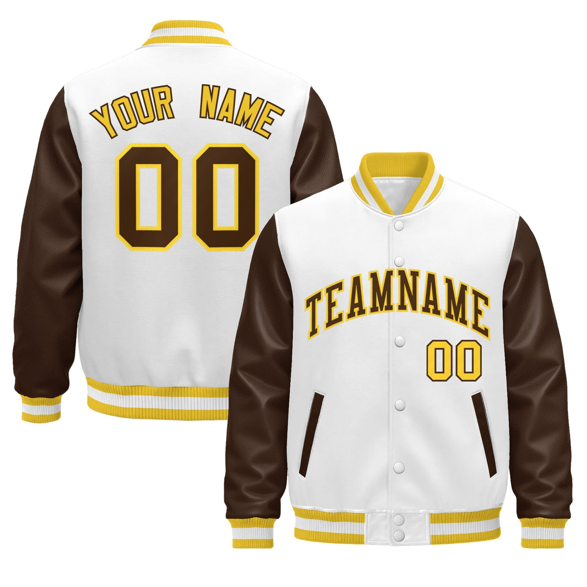 Custom White Brown Gold Raglan Sleeves Varsity Full-Snap Leather Sleeves Letterman Jacket| KXKSHOP