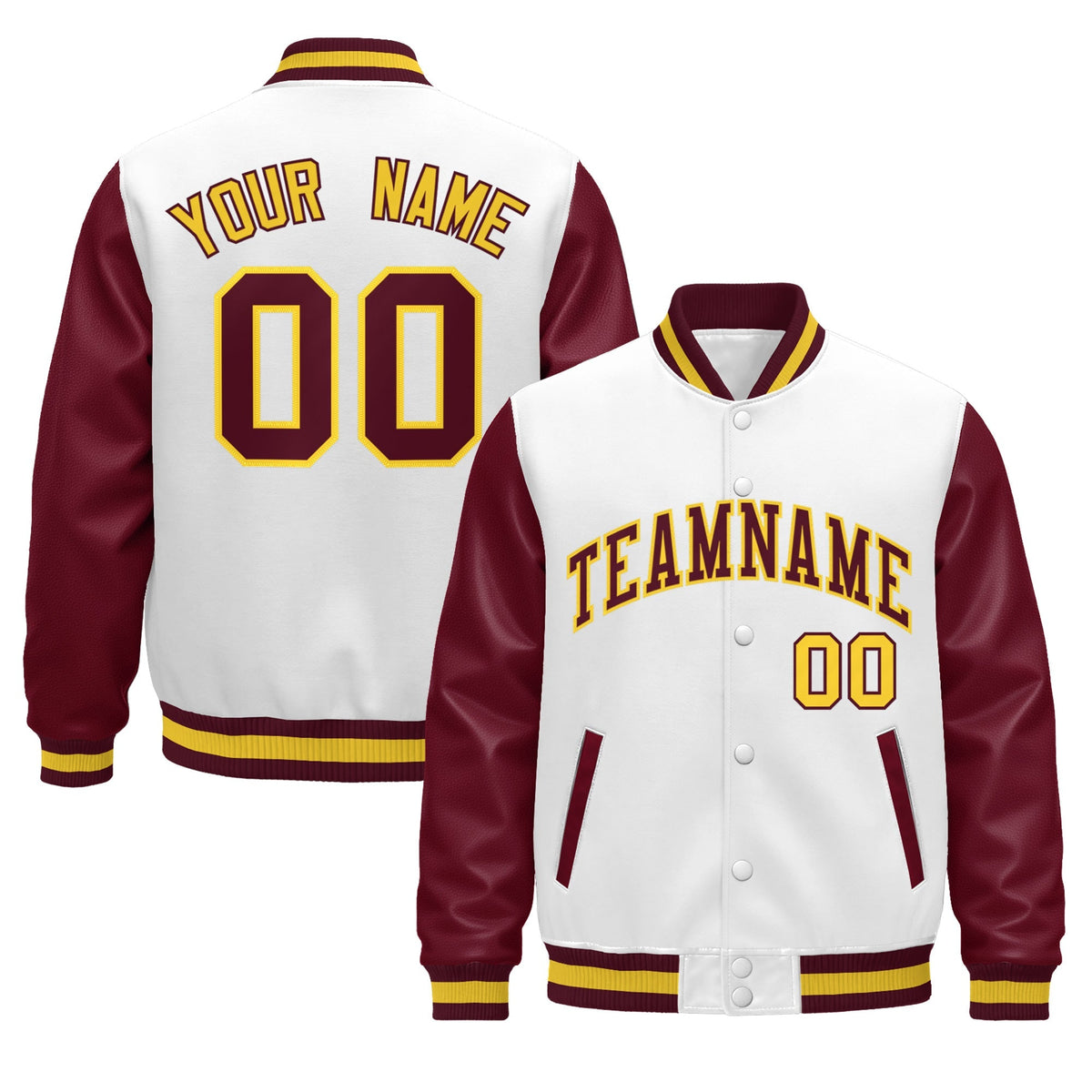 Custom Burgundy White Crimson Gold Raglan Sleeves Varsity Full-Snap Leather Sleeves Letterman Jacket| KXKSHOP