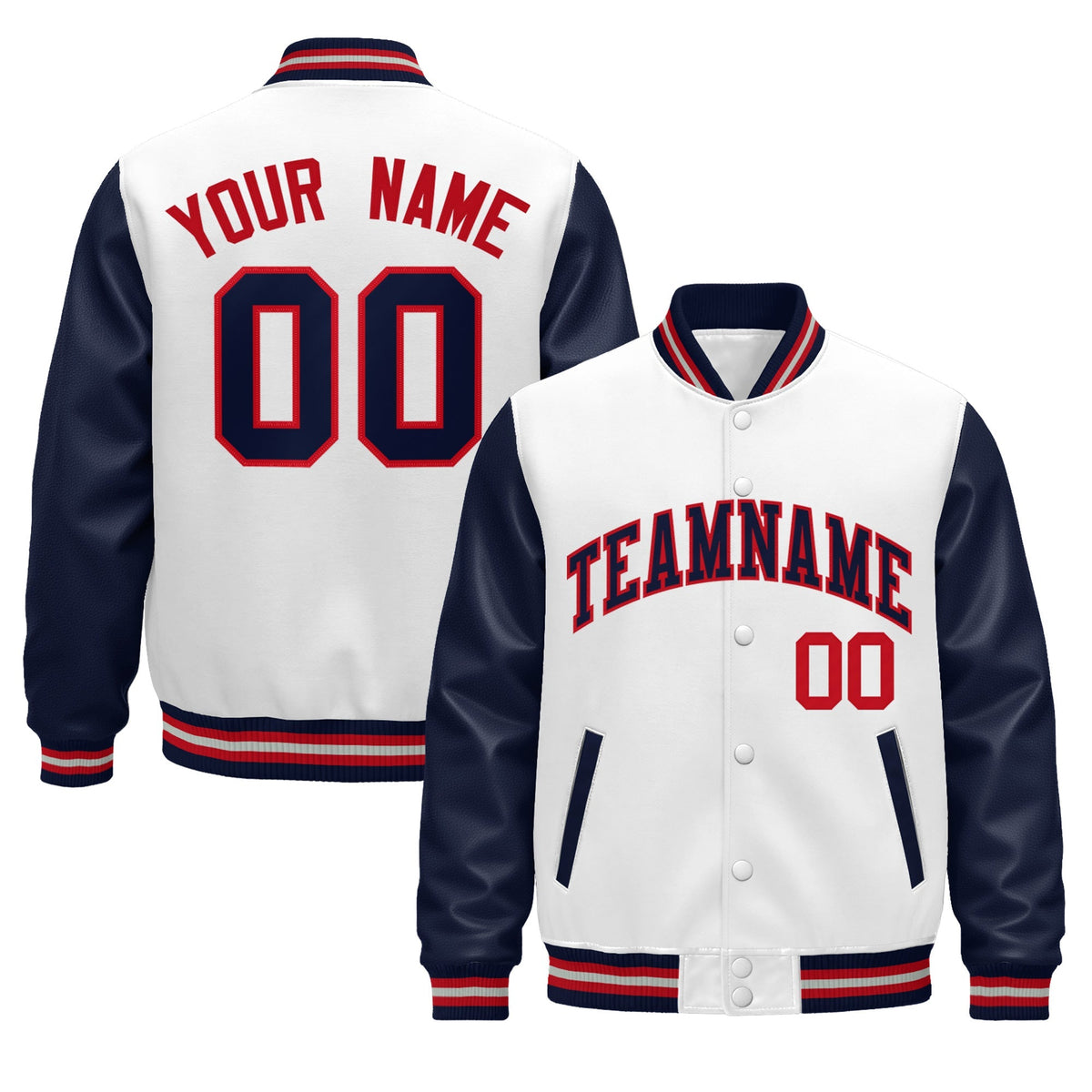 Custom Navy White Red Gray Raglan Sleeves Varsity Full-Snap Leather Sleeves Letterman Jacket| KXKSHOP
