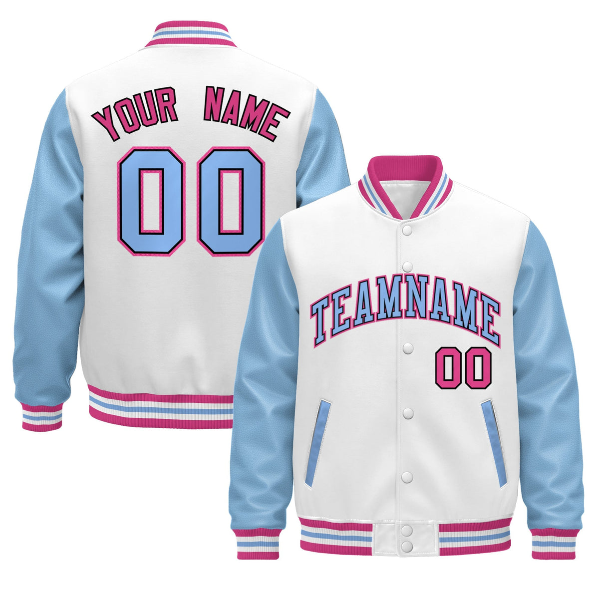 Custom White Light Blue Pink Raglan Sleeves Varsity Full-Snap Leather Sleeves Letterman Jacket| KXKSHOP