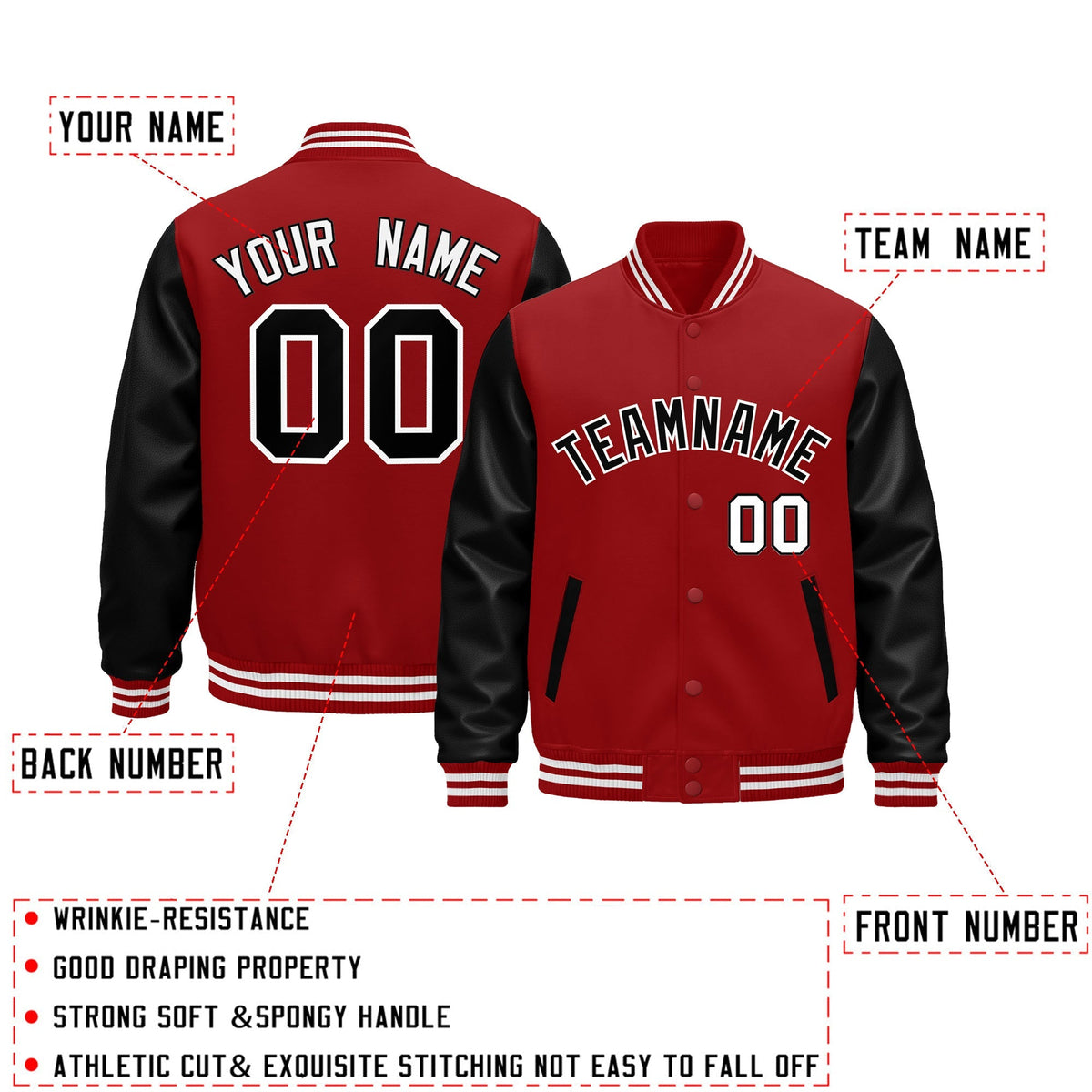 Custom Cream Black Red Raglan Sleeves Varsity Full-Snap Leather Sleeves Letterman Jacket| KXKSHOP