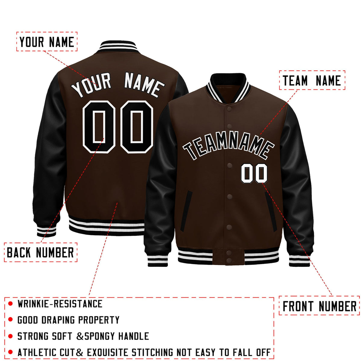 Custom Black Brown White Raglan Sleeves Varsity Full-Snap Leather Sleeves Letterman Jacket| KXKSHOP