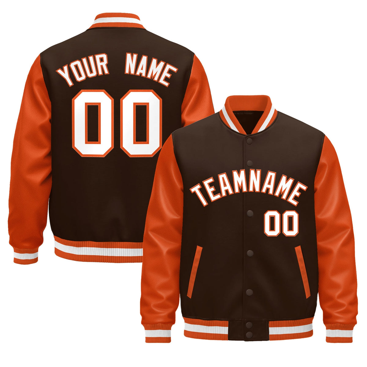 Custom Orange Brown White Raglan Sleeves Varsity Full-Snap Leather Sleeves Letterman Jacket| KXKSHOP