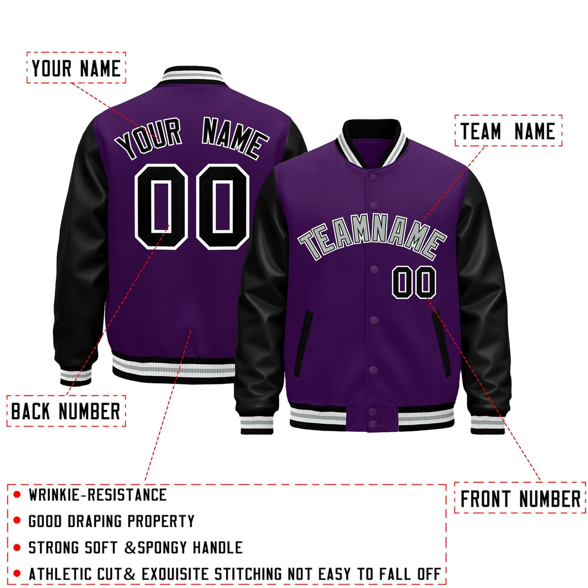 Custom Black Purple White Gray Raglan Sleeves Varsity Full-Snap Leather Sleeves Letterman Jacket| KXKSHOP