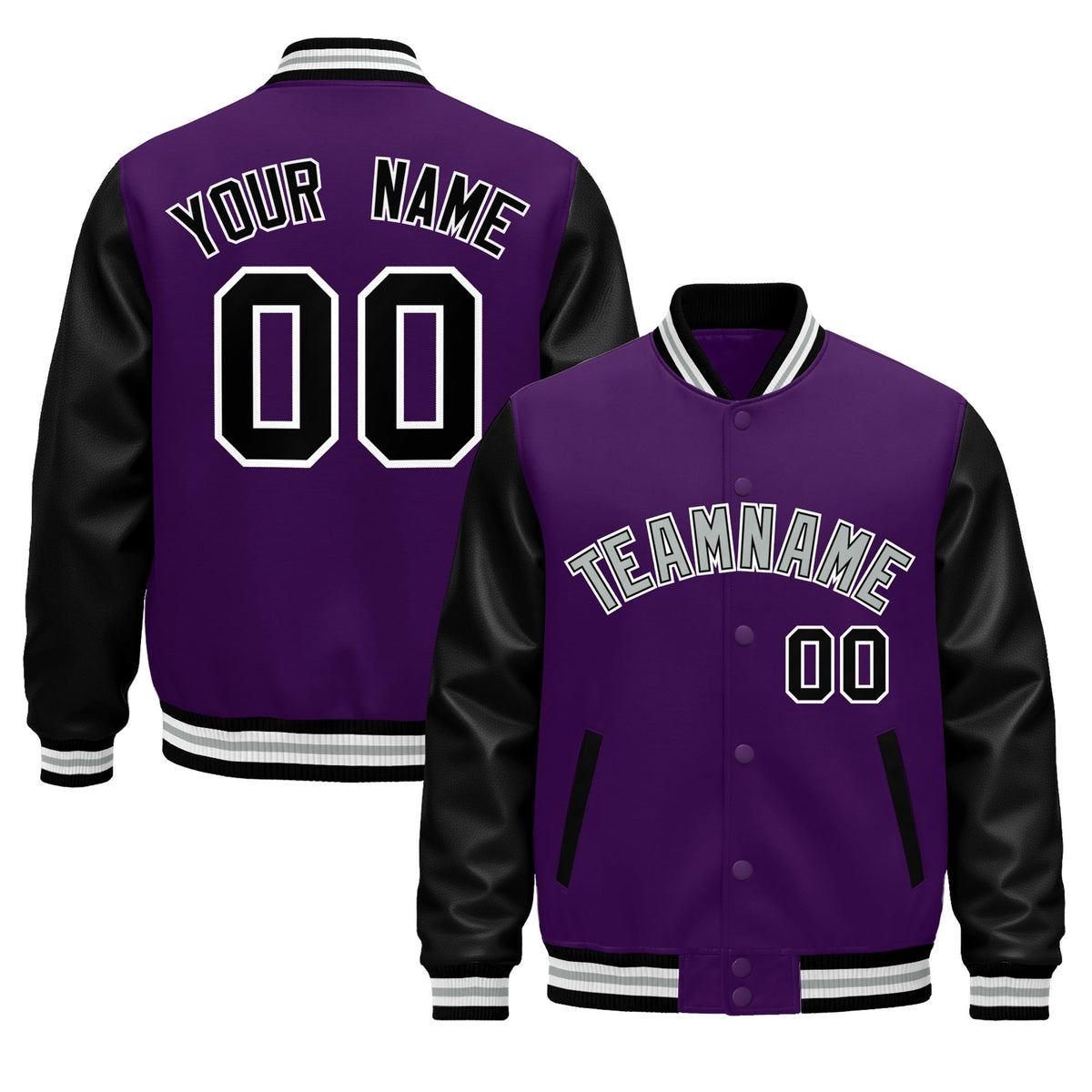 Custom Black Purple White Gray Raglan Sleeves Varsity Full-Snap Leather Sleeves Letterman Jacket| KXKSHOP