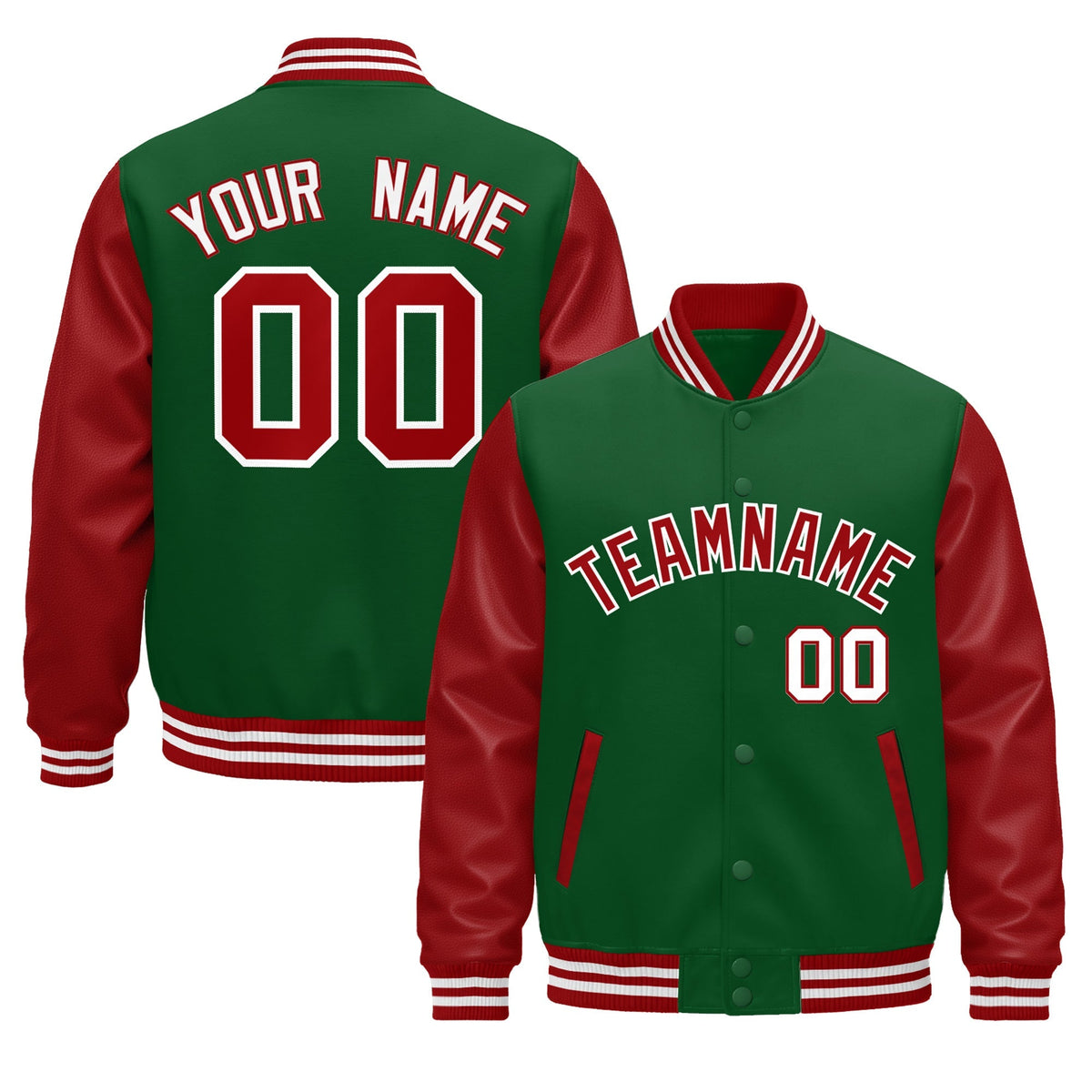 Custom Kelly Green Red White Raglan Sleeves Varsity Full-Snap Leather Sleeves Letterman Jacket| KXKSHOP