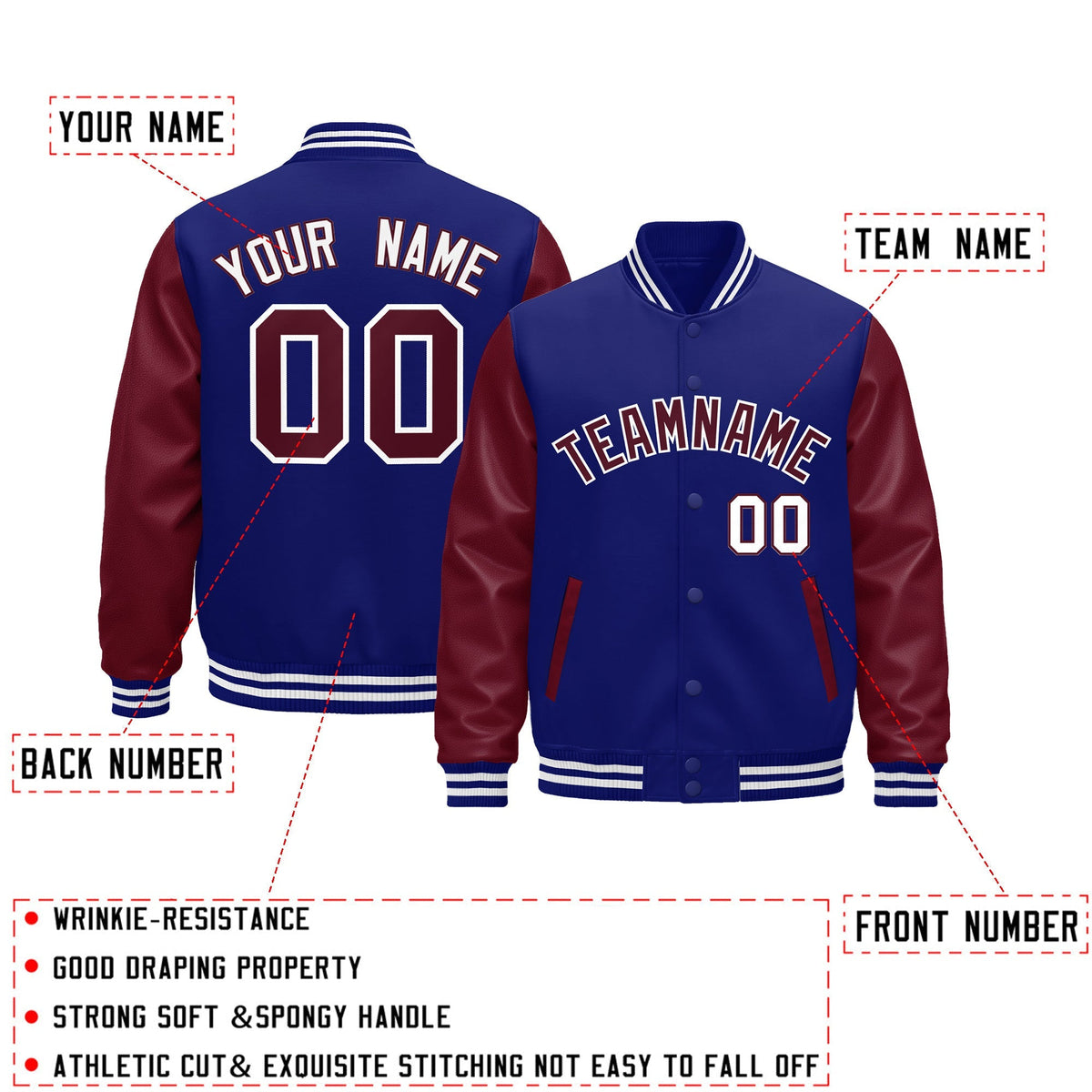 Custom Royal Blue Burgundy White Raglan Sleeves Varsity Full-Snap Leather Sleeves Letterman Jacket| KXKSHOP