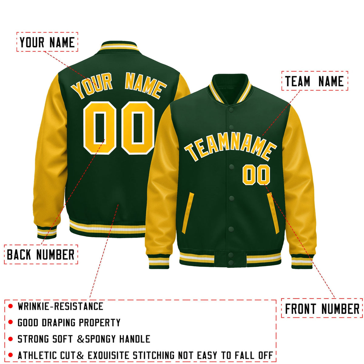 Custom Dark Green Gold White Raglan Sleeves Varsity Full-Snap Leather Sleeves Letterman Jacket| KXKSHOP