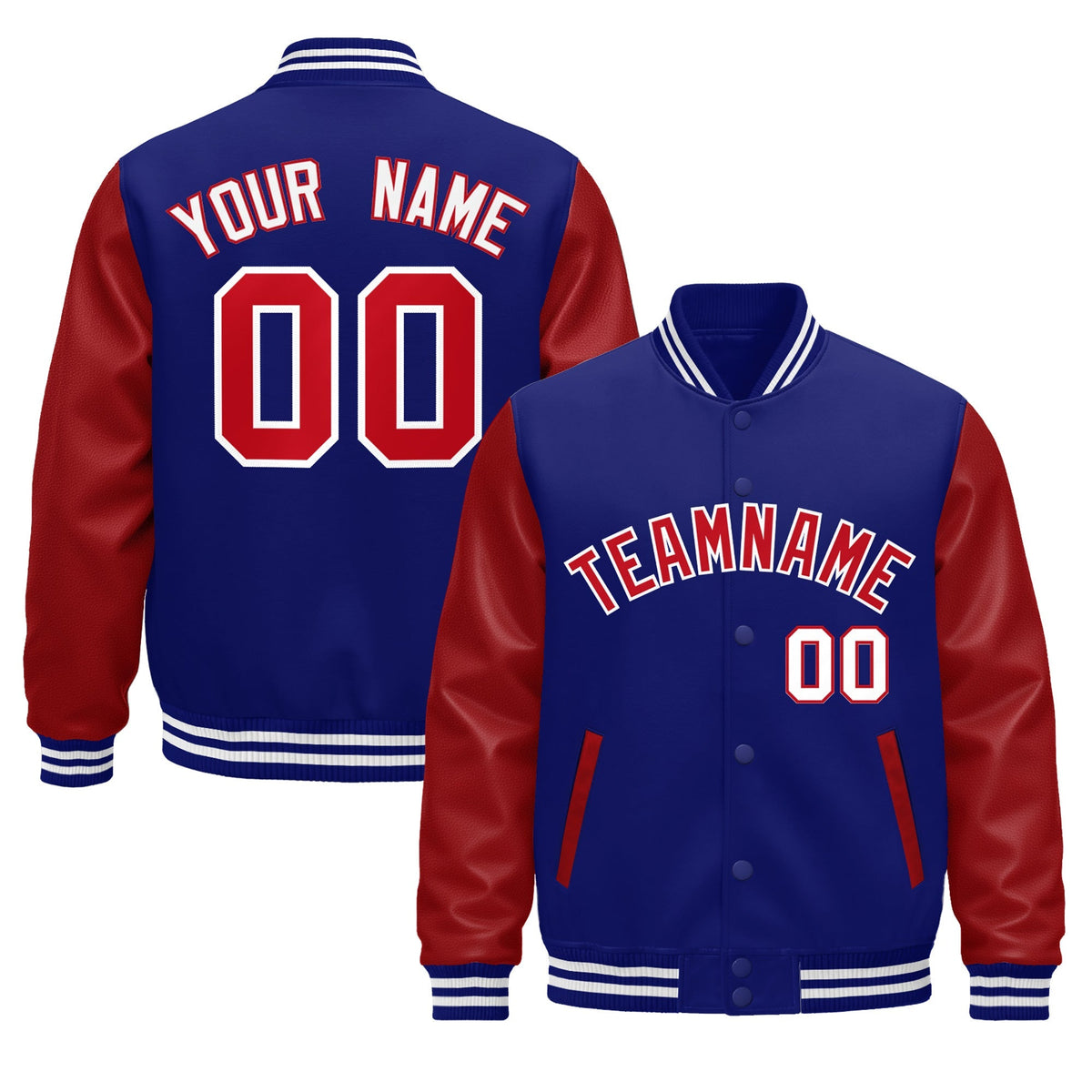 Custom Royal Blue Red White Raglan Sleeves Varsity Full-Snap Leather Sleeves Letterman Jacket| KXKSHOP