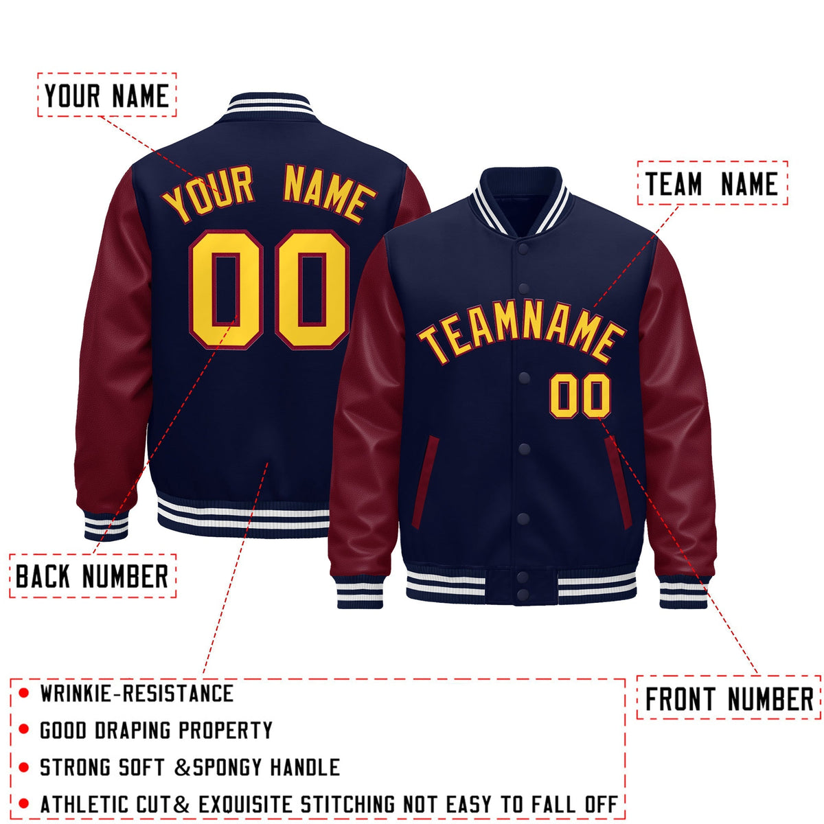 Custom Navy Burgundy Gold White Raglan Sleeves Varsity Full-Snap Leather Sleeves Letterman Jacket| KXKSHOP