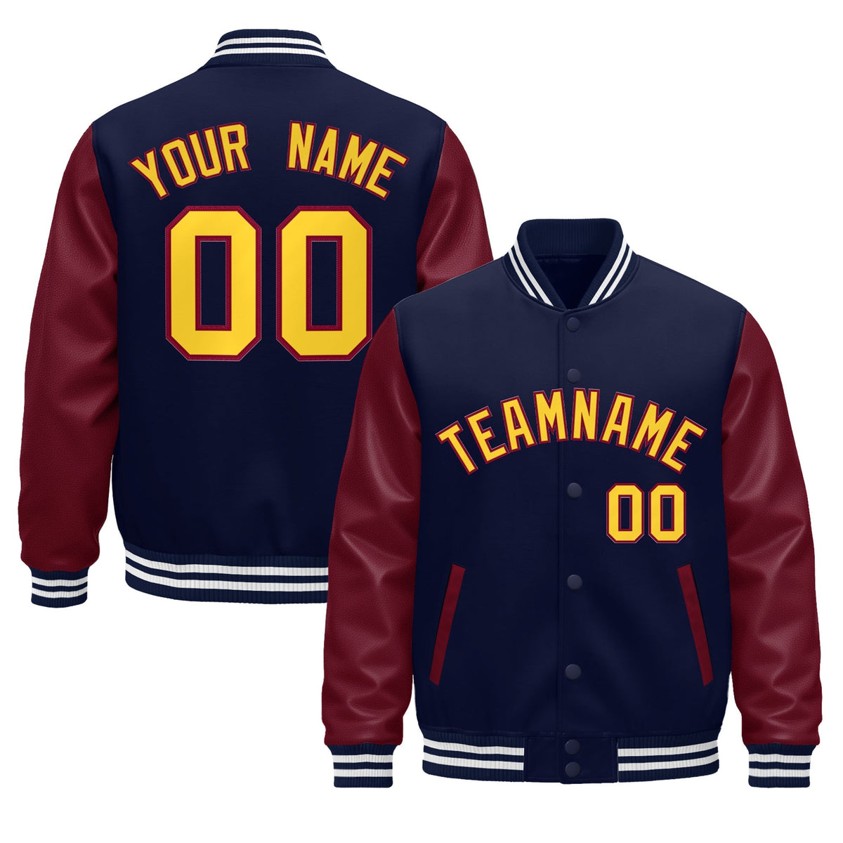 Custom Navy Burgundy Gold White Raglan Sleeves Varsity Full-Snap Leather Sleeves Letterman Jacket| KXKSHOP