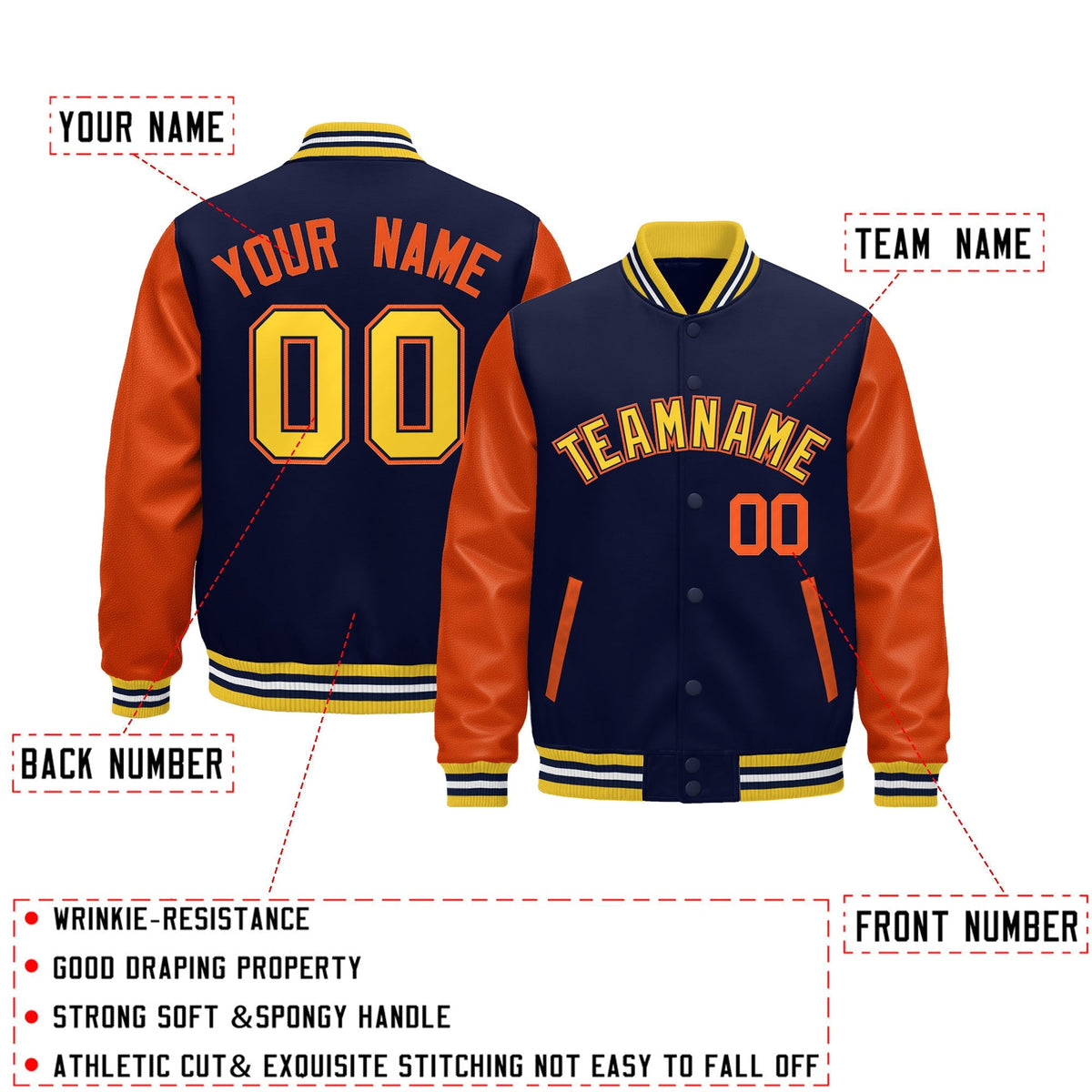 Custom Gold Orange Navy White Raglan Sleeves Varsity Full-Snap Leather Sleeves Letterman Jacket| KXKSHOP