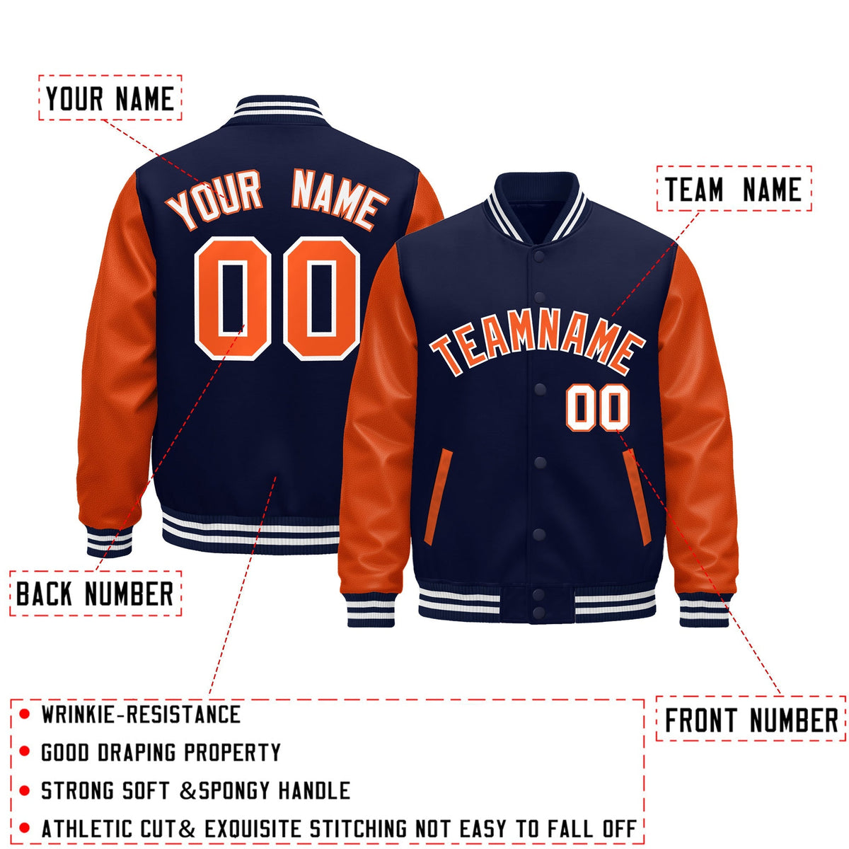 Custom Navy Orange White Raglan Sleeves Varsity Full-Snap Leather Sleeves Letterman Jacket| KXKSHOP