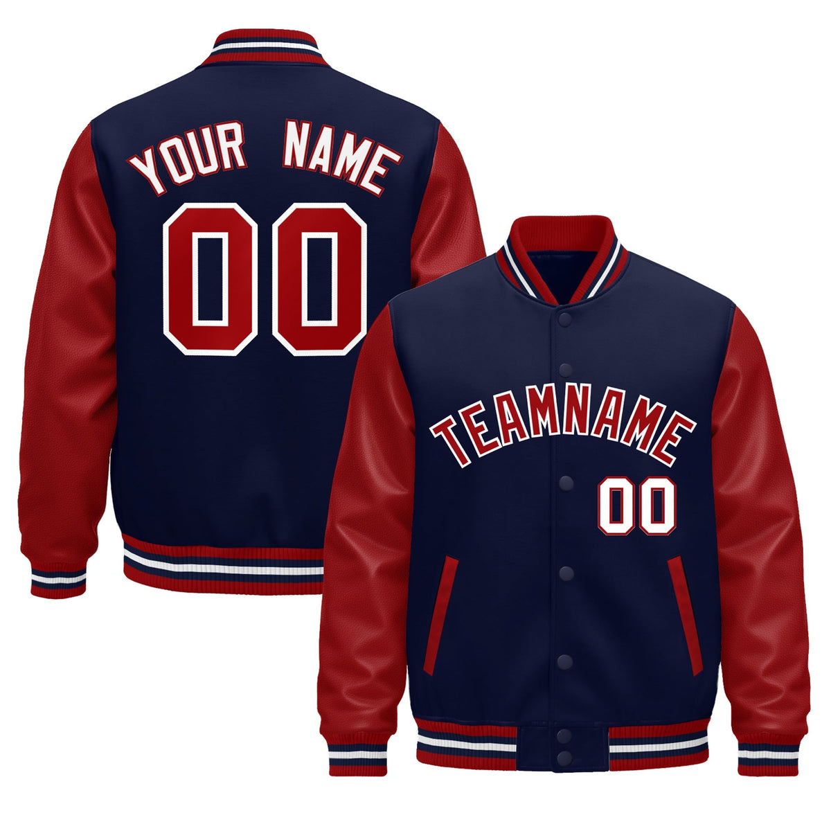 Custom Red Navy White Raglan Sleeves Varsity Full-Snap Leather Sleeves Letterman Jacket| KXKSHOP