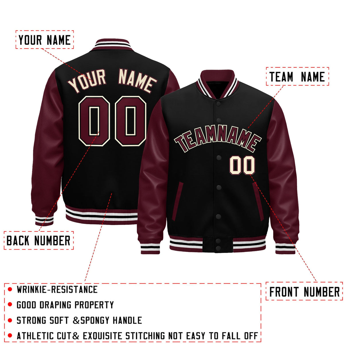 Custom Burgundy Black Crimson Raglan Sleeves Varsity Full-Snap Leather Sleeves Letterman Jacket| KXKSHOP