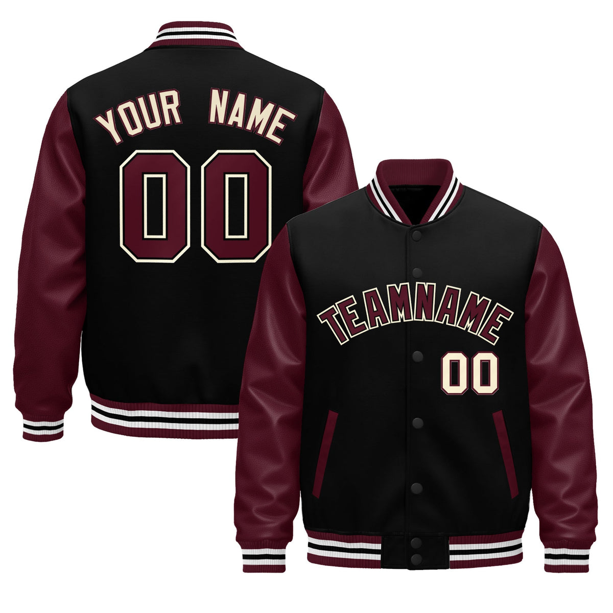 Custom Burgundy Black Crimson Raglan Sleeves Varsity Full-Snap Leather Sleeves Letterman Jacket| KXKSHOP