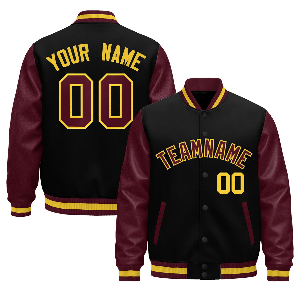 Custom Burgundy Black Crimson Gold Raglan Sleeves Varsity Full-Snap Leather Sleeves Letterman Jacket| KXKSHOP