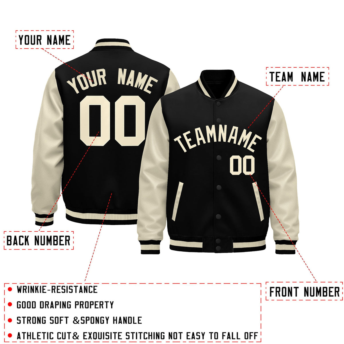 Custom Black Cream Raglan Sleeves Varsity Full-Snap Leather Sleeves Letterman Jacket| KXKSHOP