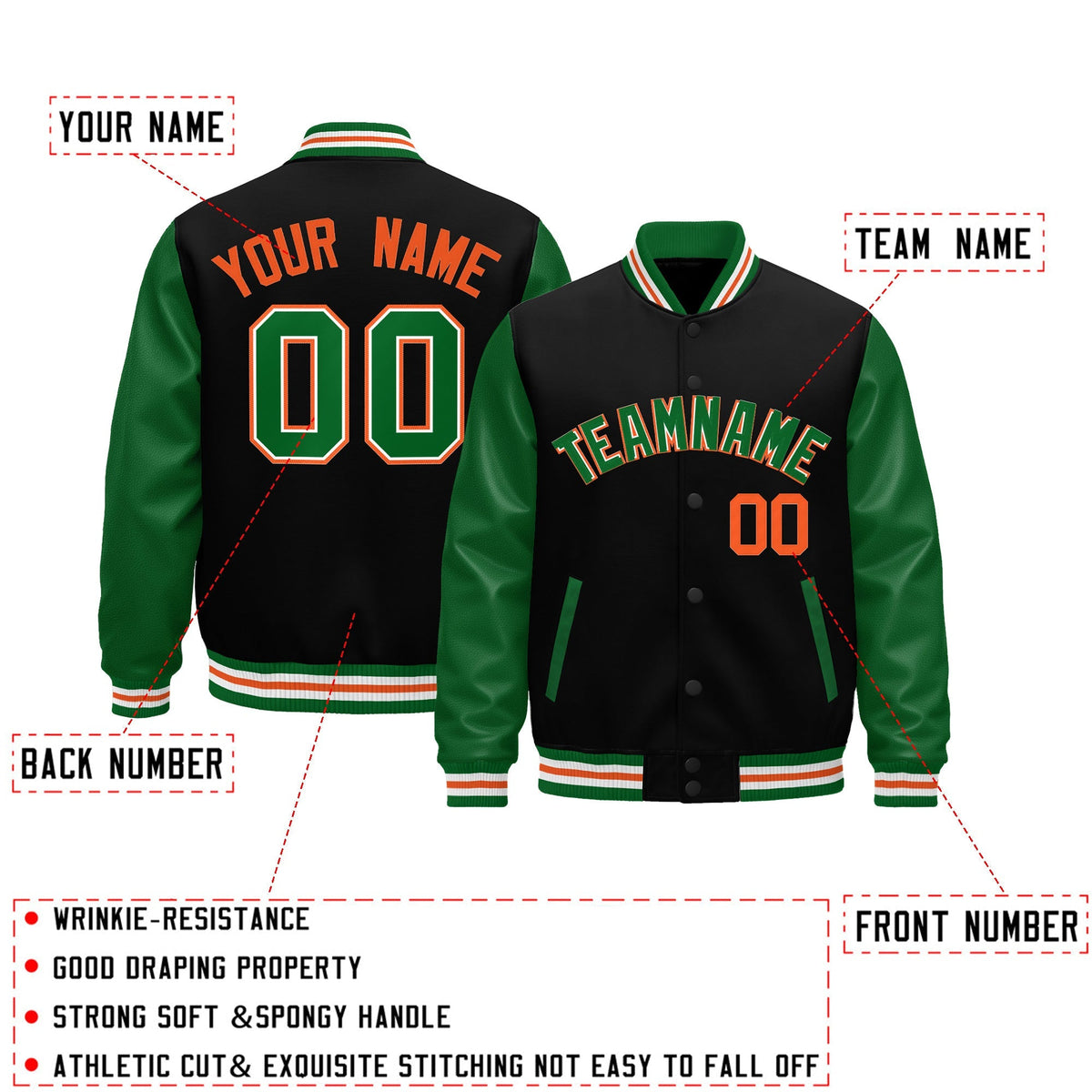Custom Black Kelly Green White Orange Raglan Sleeves Varsity Full-Snap Leather Sleeves Letterman Jacket| KXKSHOP