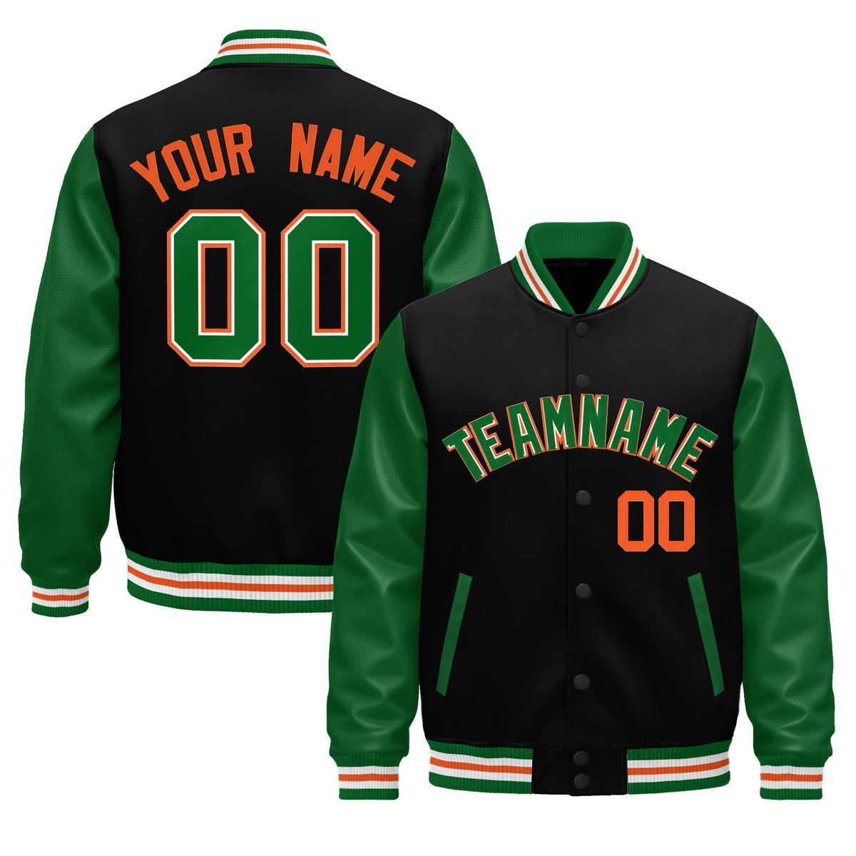 Custom Black Kelly Green White Orange Raglan Sleeves Varsity Full-Snap Leather Sleeves Letterman Jacket| KXKSHOP
