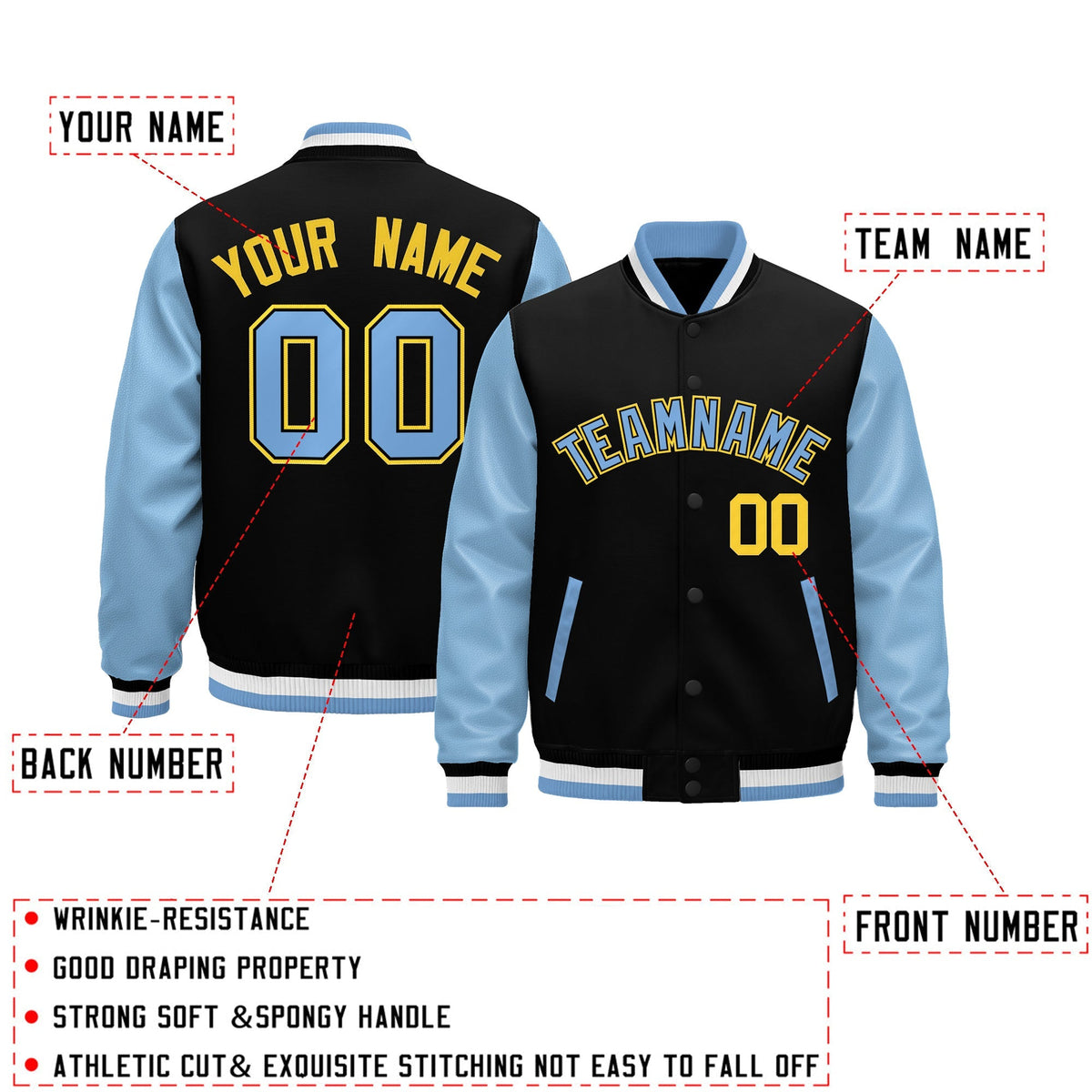 Custom Black Light Blue White Raglan Sleeves Varsity Full-Snap Leather Sleeves Letterman Jacket| KXKSHOP