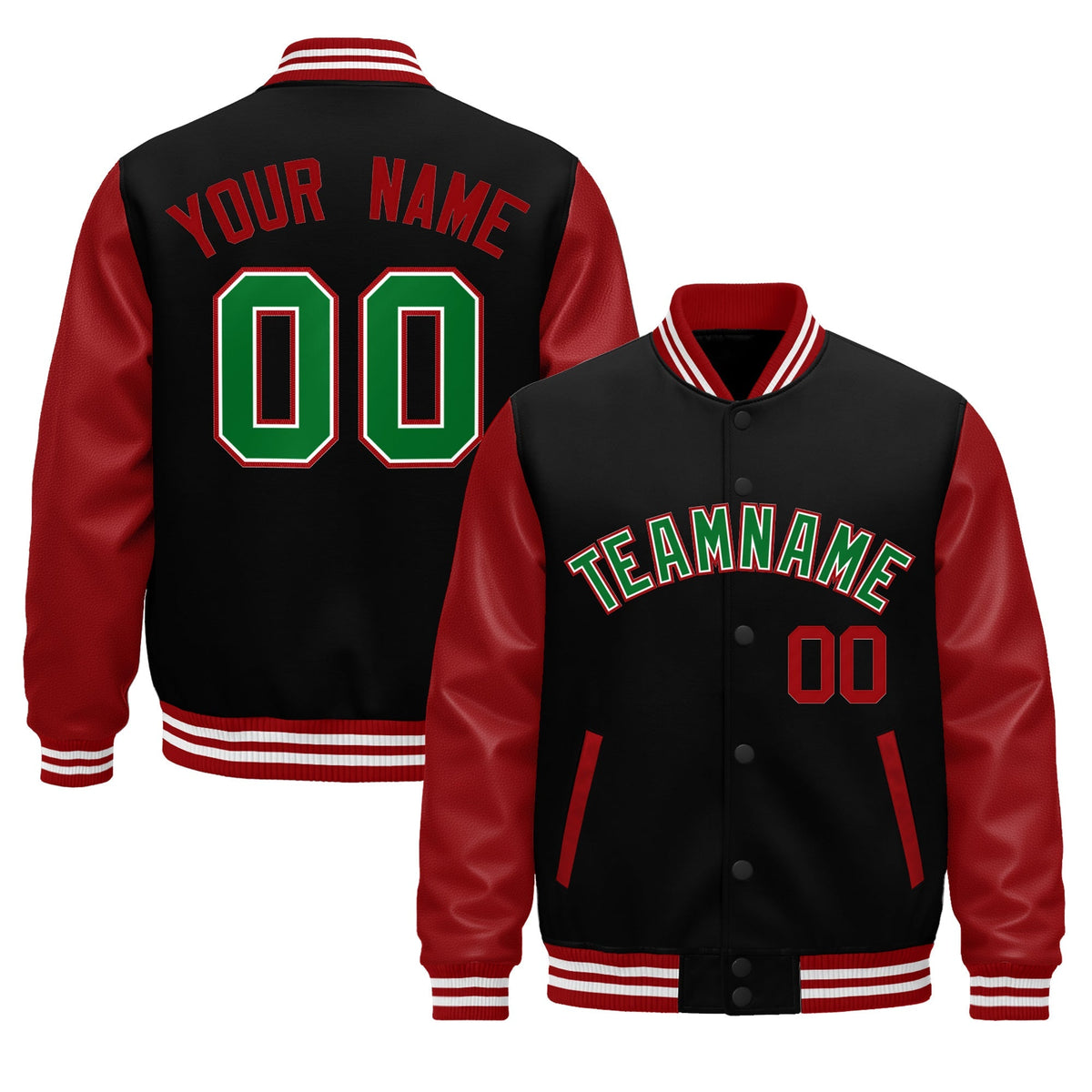 Custom Black Red Kelly Green Raglan Sleeves Varsity Full-Snap Leather Sleeves Letterman Jacket| KXKSHOP