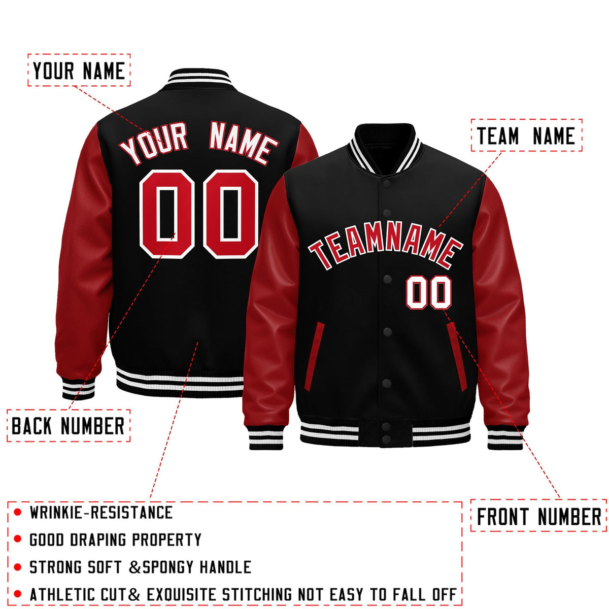 Custom Black White Red Raglan Sleeves Varsity Full-Snap Leather Sleeves Letterman Jacket| KXKSHOP