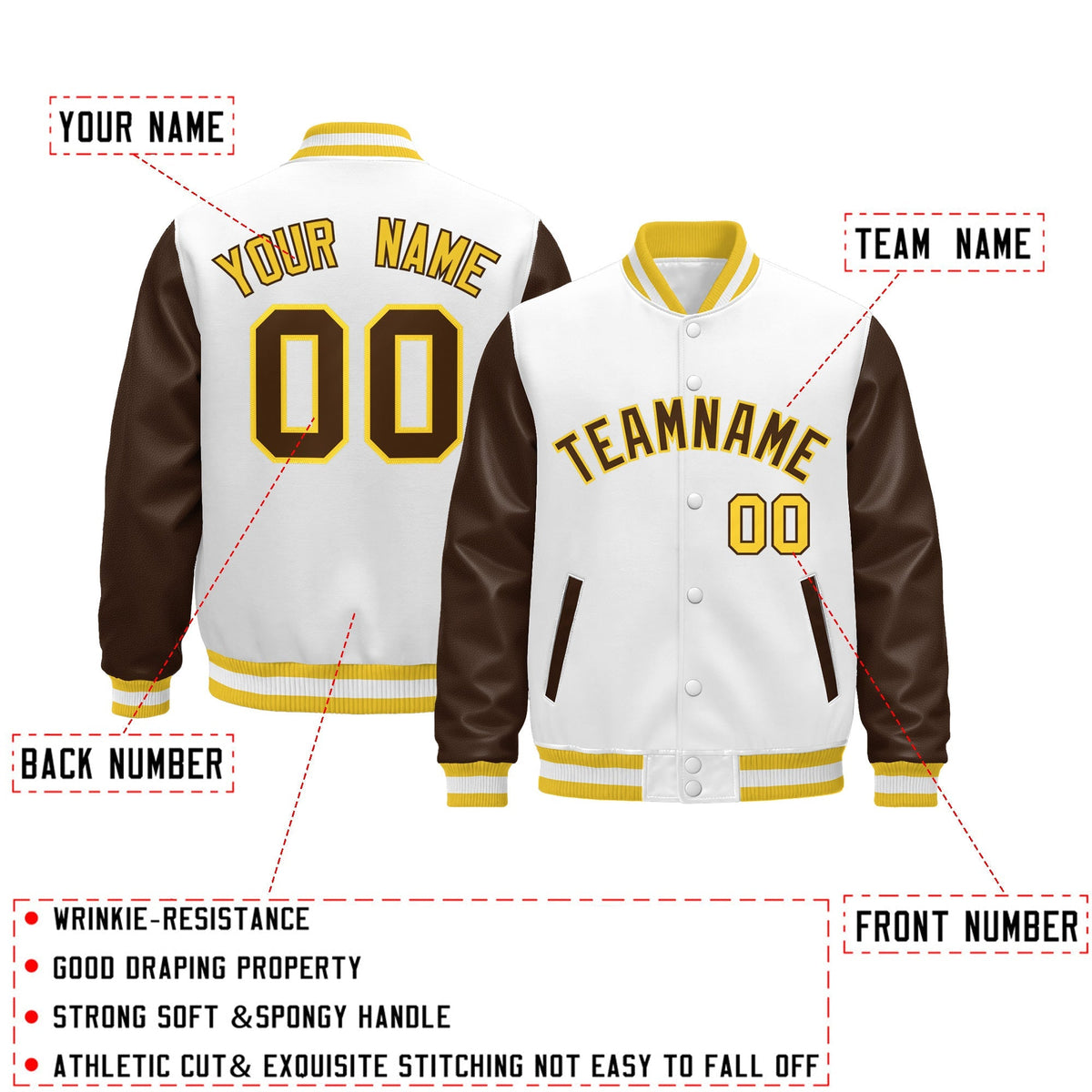 Custom White Brown Gold Raglan Sleeves Varsity Full-Snap Leather Sleeves Letterman Jacket| KXKSHOP