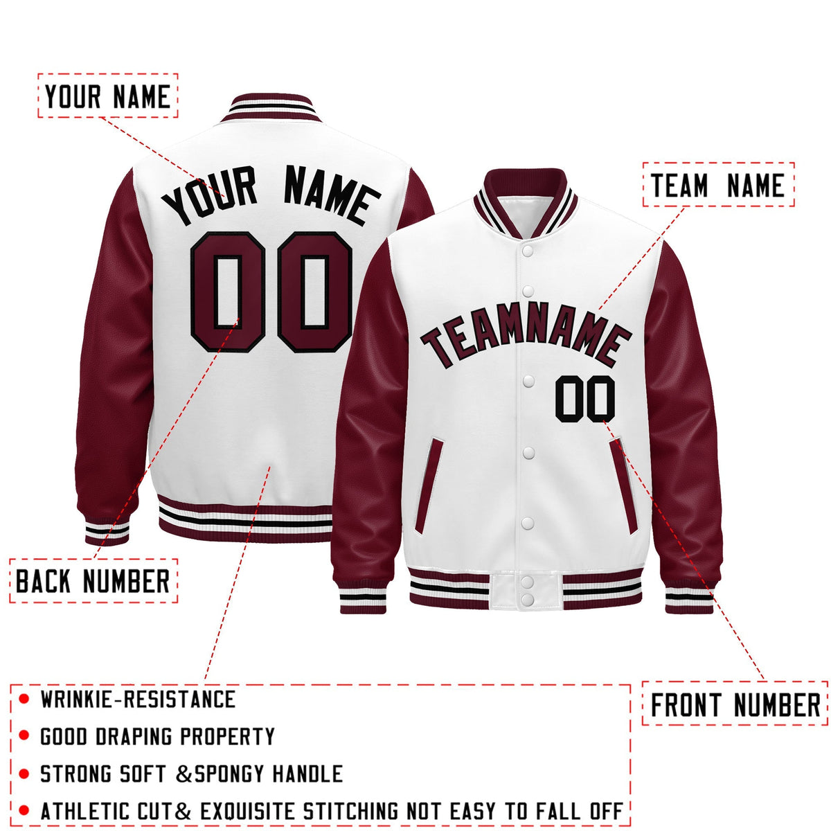Custom Burgundy White Crimson Black Raglan Sleeves Varsity Full-Snap Leather Sleeves Letterman Jacket| KXKSHOP