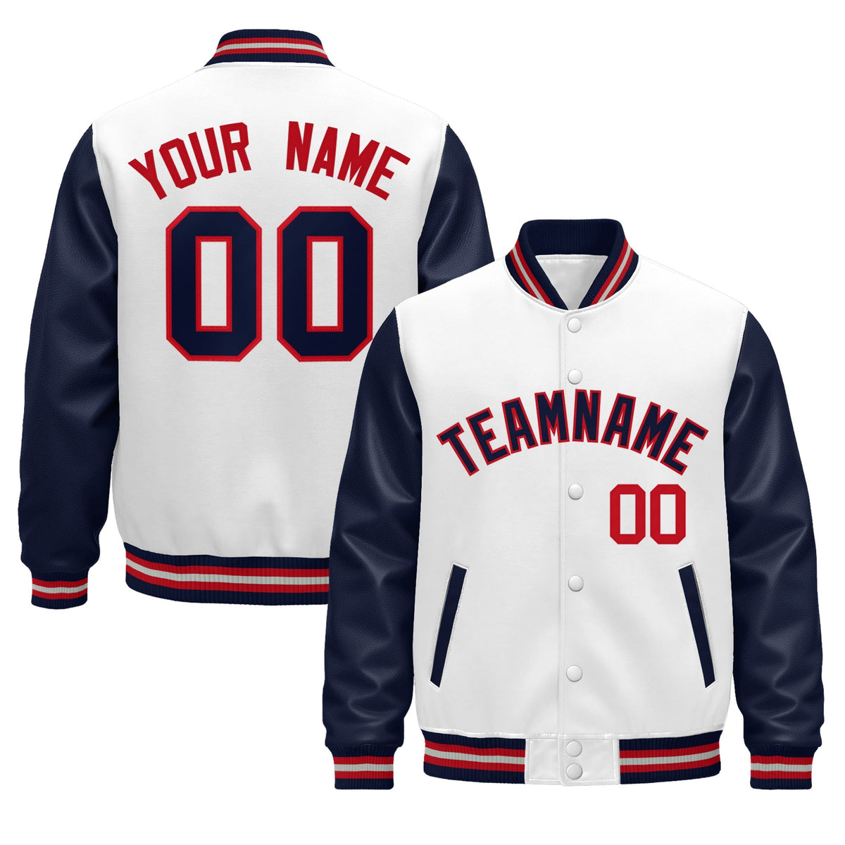 Custom Navy White Red Gray Raglan Sleeves Varsity Full-Snap Leather Sleeves Letterman Jacket| KXKSHOP