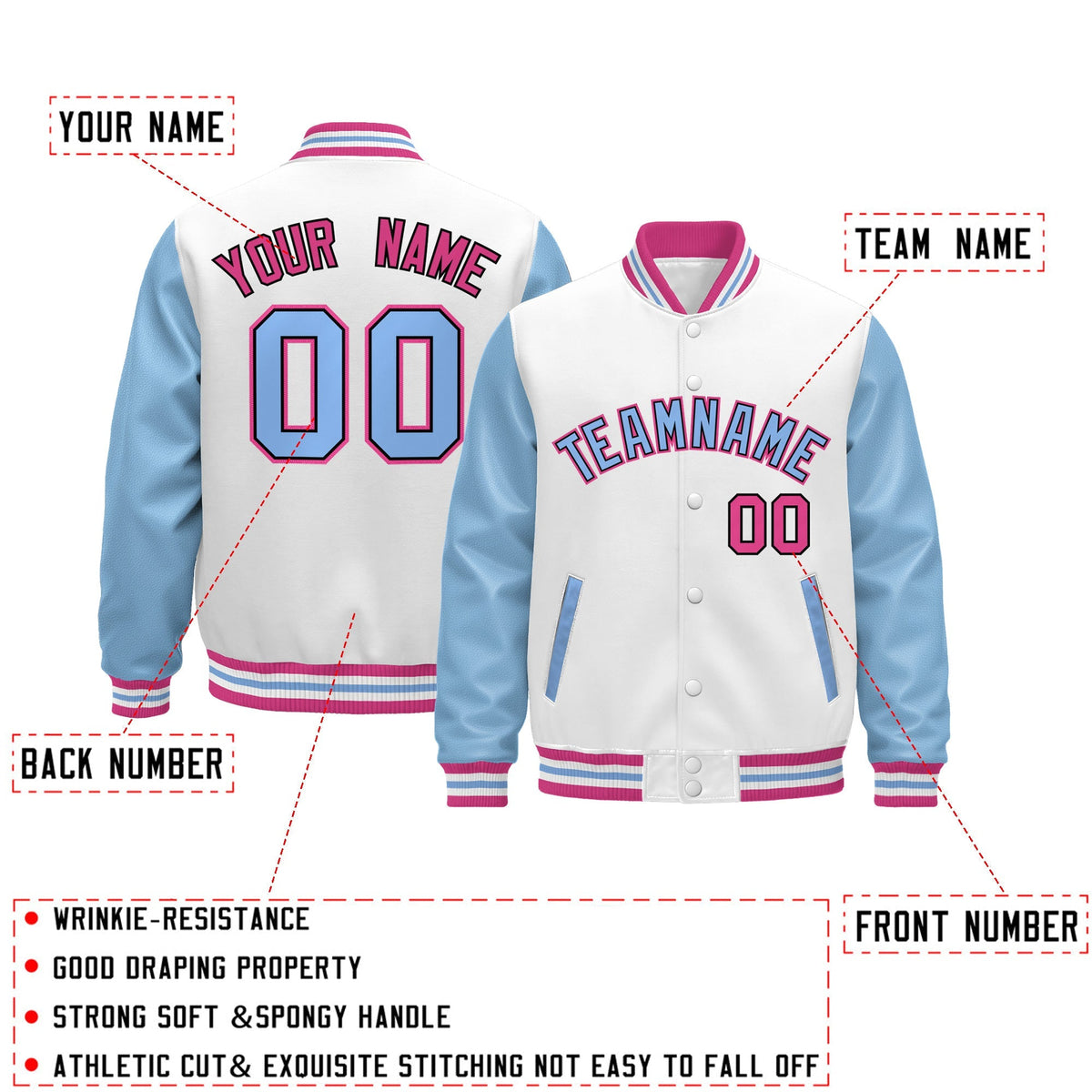 Custom White Light Blue Pink Raglan Sleeves Varsity Full-Snap Leather Sleeves Letterman Jacket| KXKSHOP