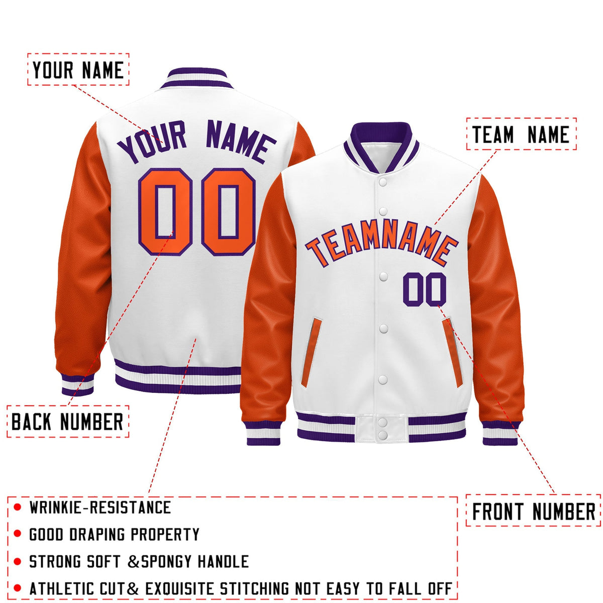 Custom Orange Purple White Raglan Sleeves Varsity Full-Snap Leather Sleeves Letterman Jacket| KXKSHOP