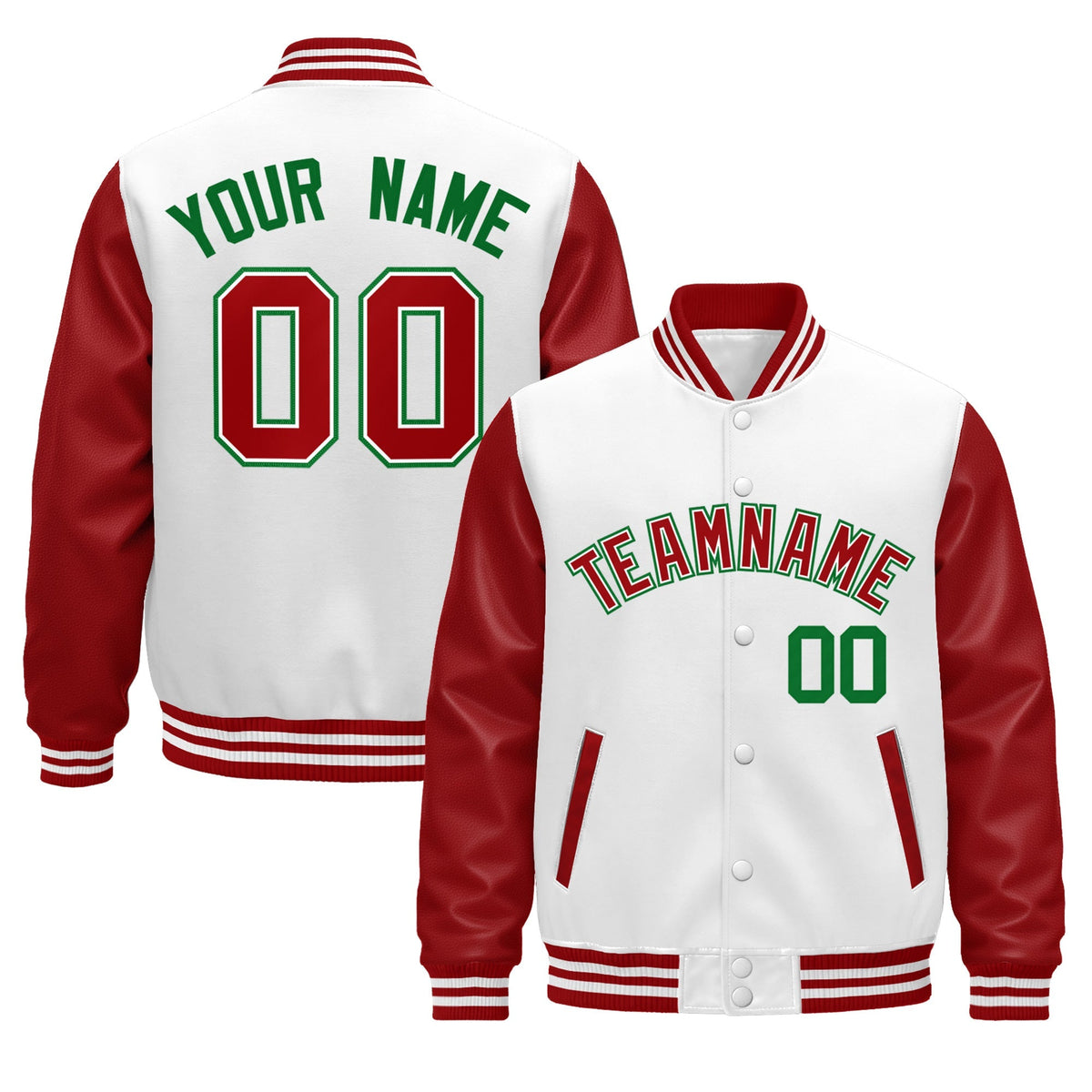 Custom Red White Kelly Green Raglan Sleeves Varsity Full-Snap Leather Sleeves Letterman Jacket| KXKSHOP