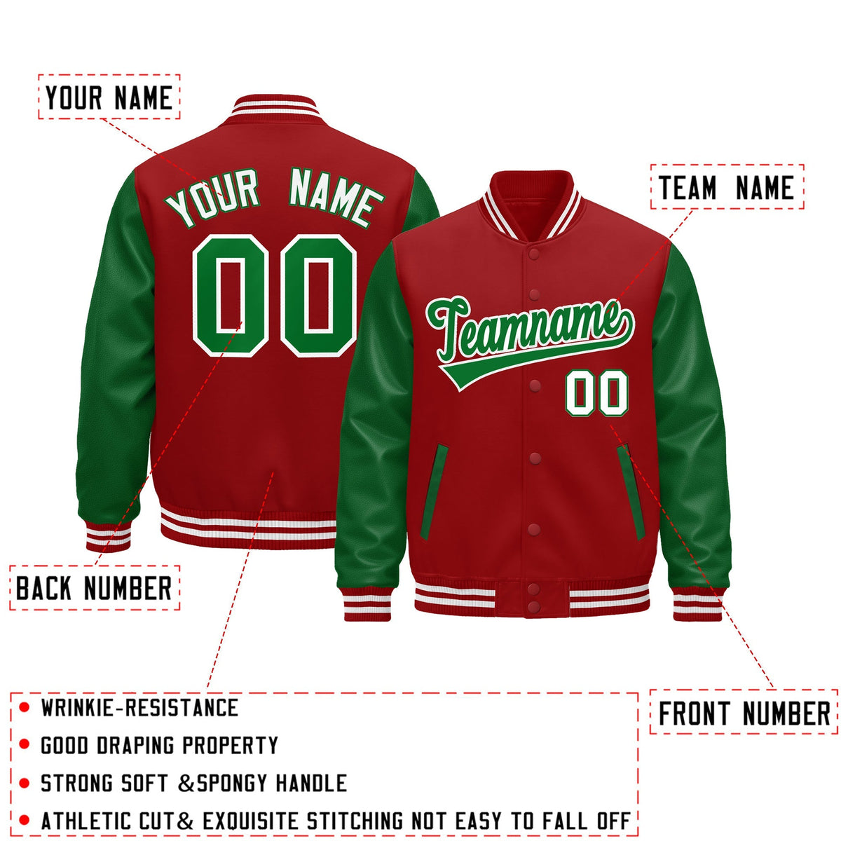 Custom Cream Kelly Green Red Raglan Sleeves Varsity Full-Snap Leather Sleeves Letterman Jacket| KXKSHOP
