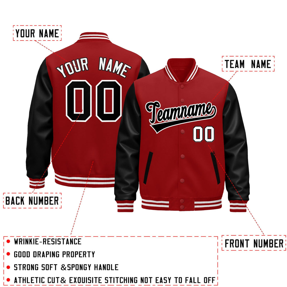 Custom Cream Black Red Raglan Sleeves Varsity Full-Snap Leather Sleeves Letterman Jacket| KXKSHOP