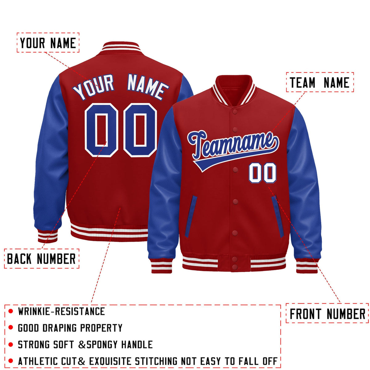 Custom Cream Royal Blue Red Raglan Sleeves Varsity Full-Snap Leather Sleeves Letterman Jacket| KXKSHOP