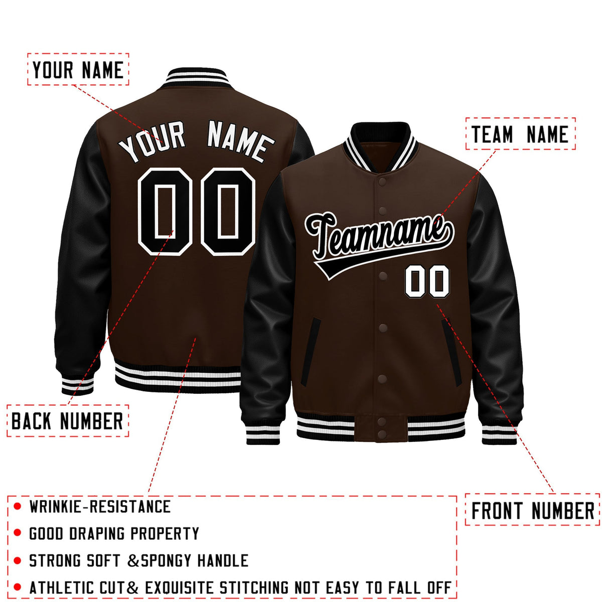Custom Black Brown White Raglan Sleeves Varsity Full-Snap Leather Sleeves Letterman Jacket| KXKSHOP