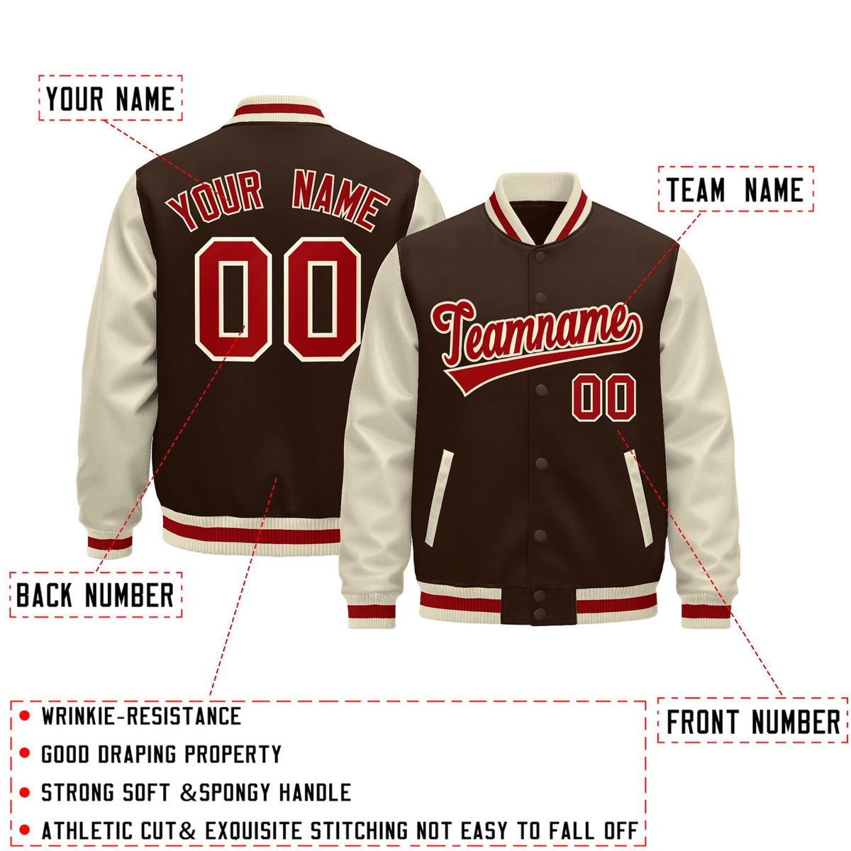 Custom Cream Brown Red Raglan Sleeves Varsity Full-Snap Leather Sleeves Letterman Jacket| KXKSHOP