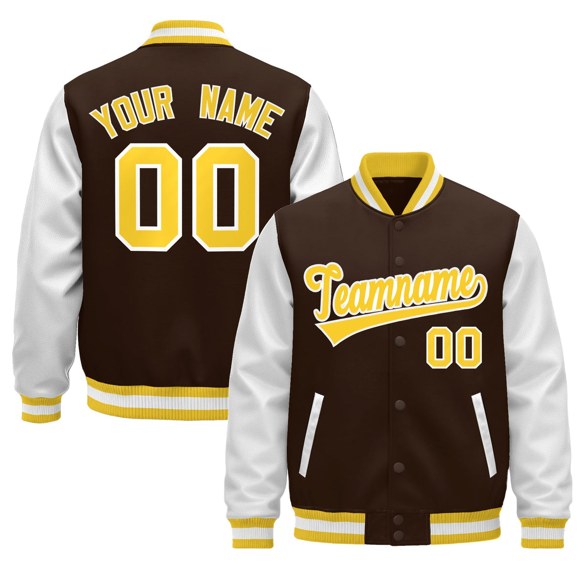 Custom White Brown Gold Raglan Sleeves Varsity Full-Snap Leather Sleeves Letterman Jacket| KXKSHOP