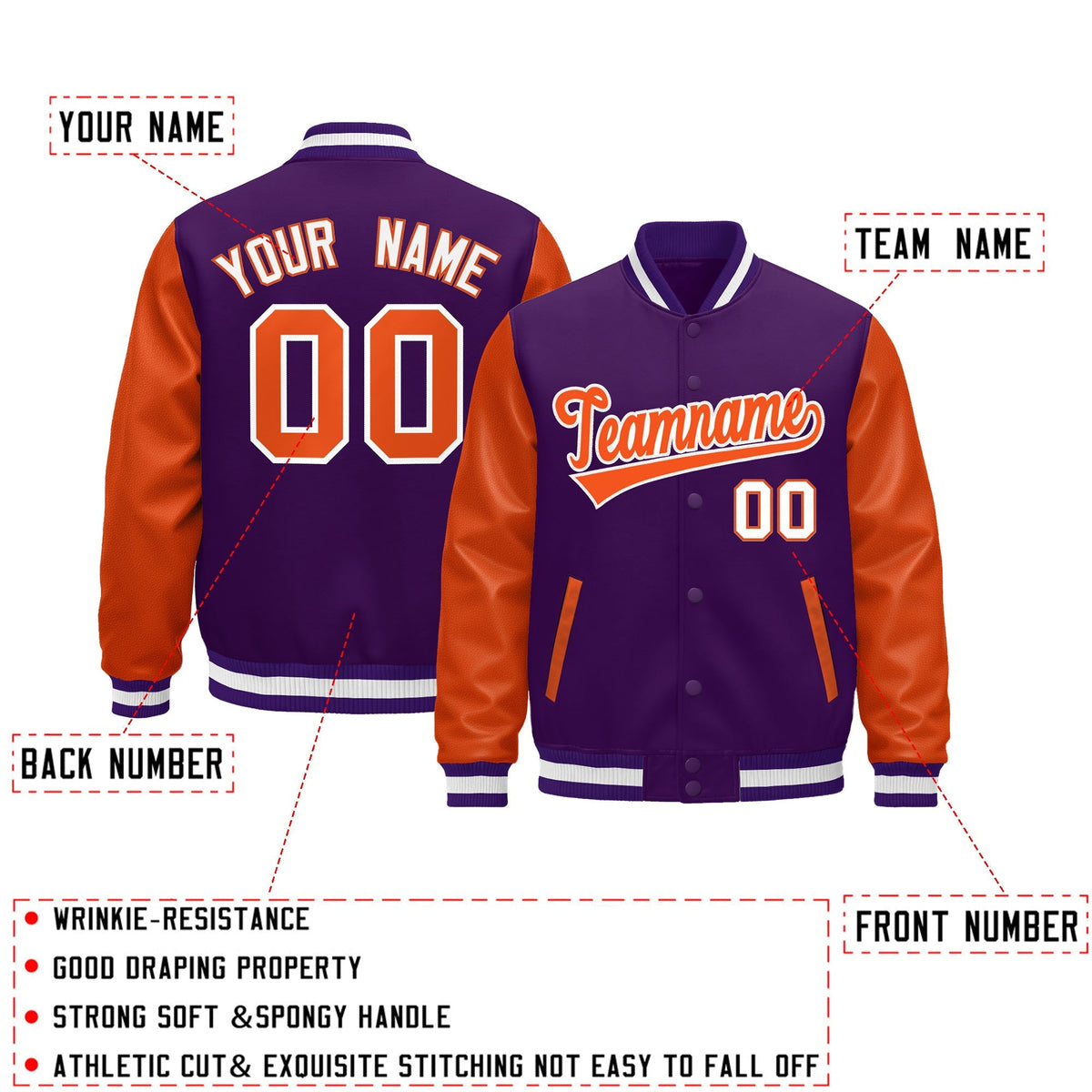 Custom Purple Orange White Raglan Sleeves Varsity Full-Snap Leather Sleeves Letterman Jacket| KXKSHOP