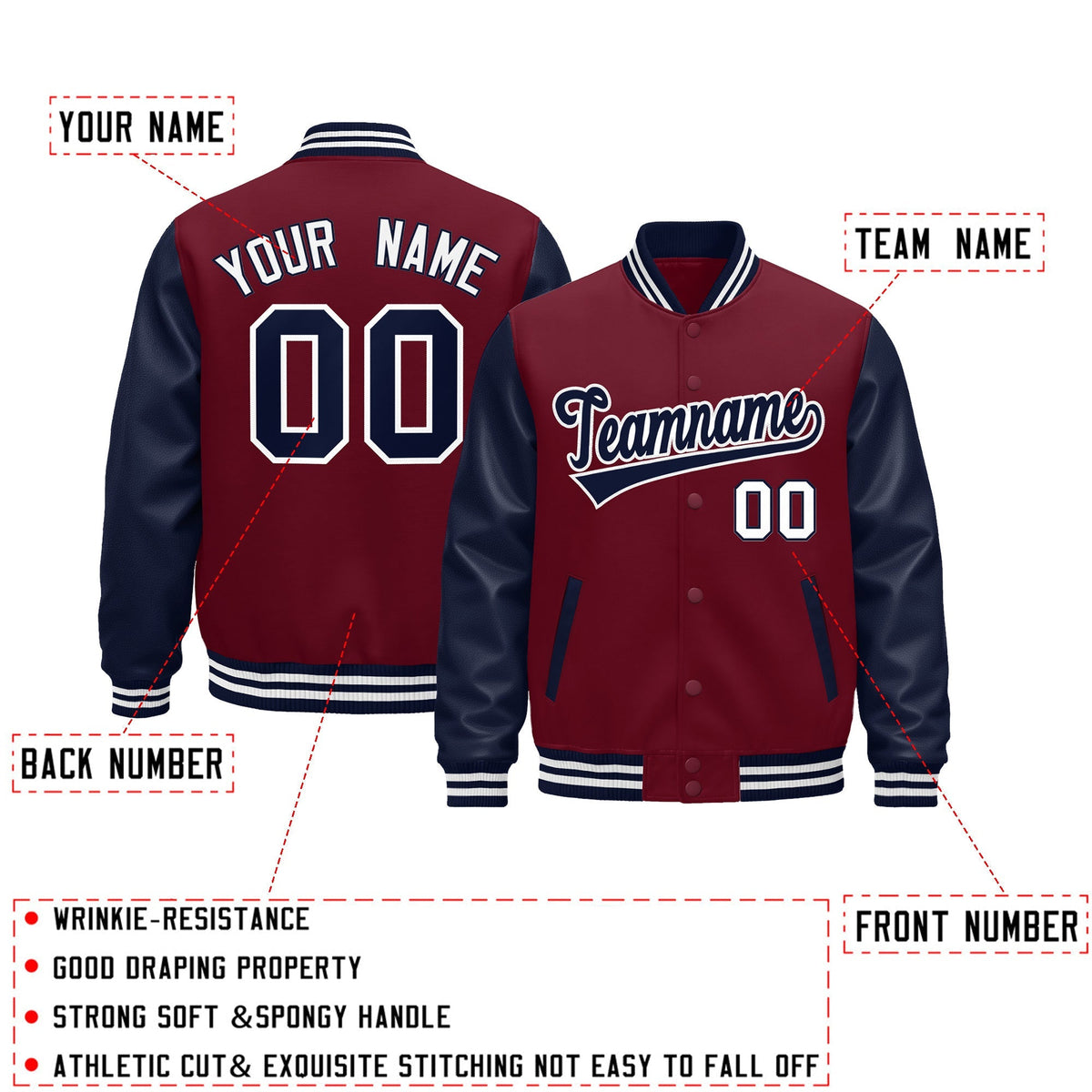Custom Crimson Navy White Raglan Sleeves Varsity Full-Snap Leather Sleeves Letterman Jacket| KXKSHOP