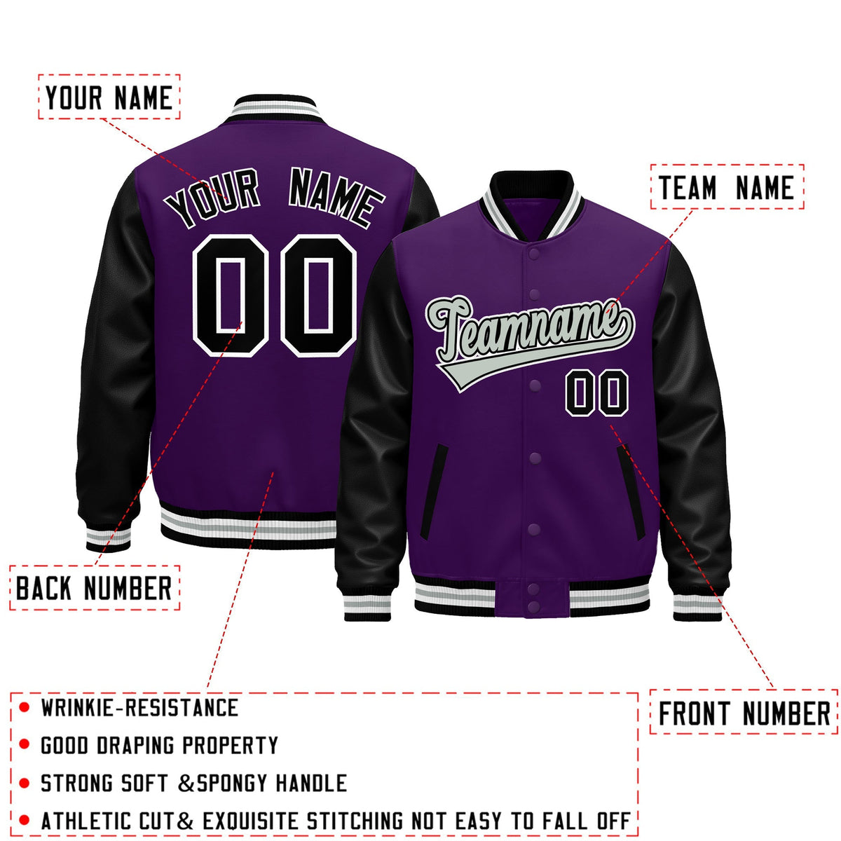 Custom Black Purple White Gray Raglan Sleeves Varsity Full-Snap Leather Sleeves Letterman Jacket| KXKSHOP