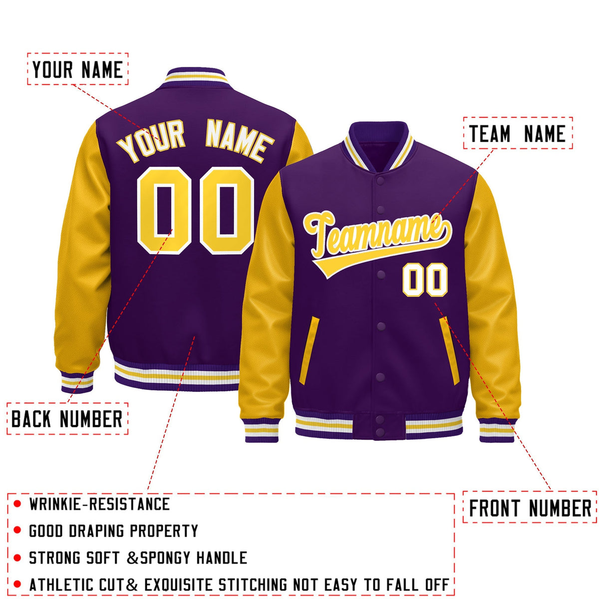 Custom Purple Gold White Raglan Sleeves Varsity Full-Snap Leather Sleeves Letterman Jacket| KXKSHOP