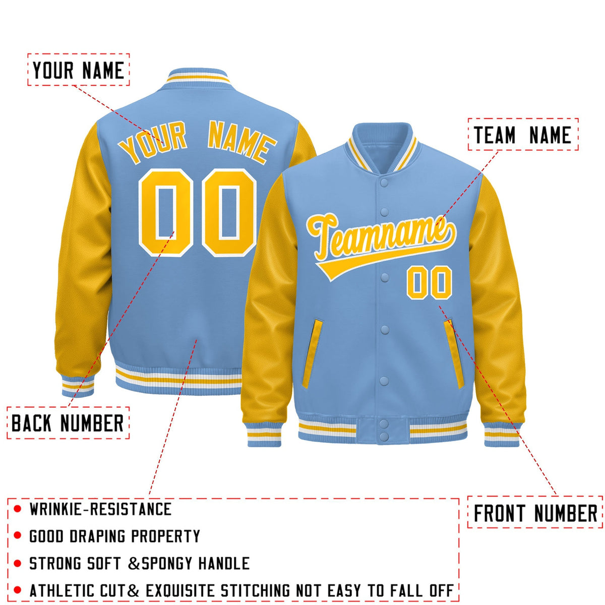 Custom Light Blue White Gold Raglan Sleeves Varsity Full-Snap Leather Sleeves Letterman Jacket| KXKSHOP