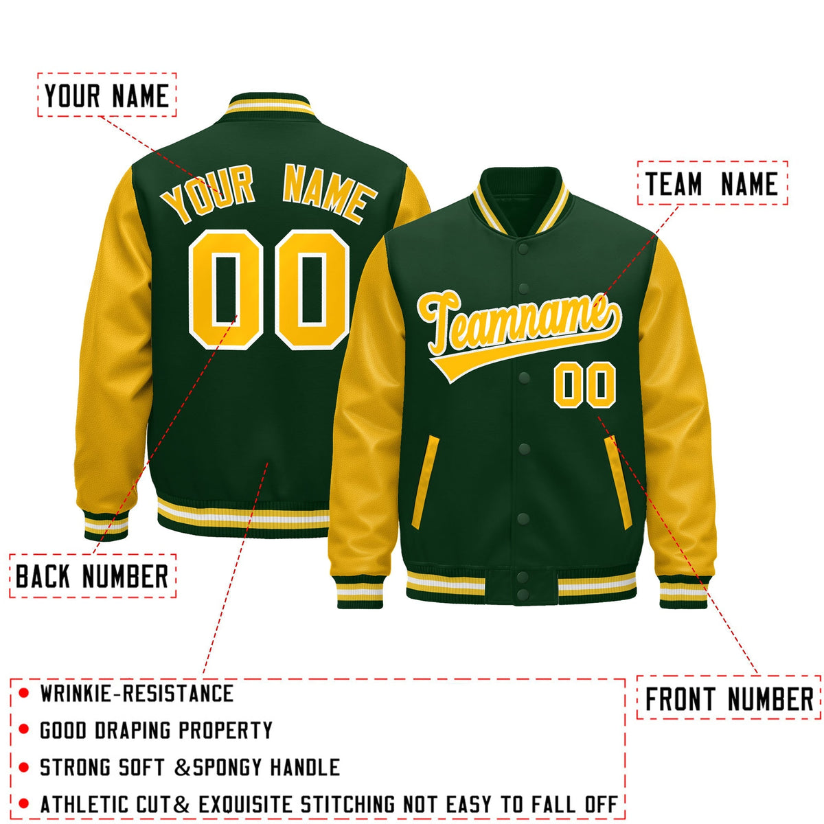 Custom Dark Green Gold White Raglan Sleeves Varsity Full-Snap Leather Sleeves Letterman Jacket| KXKSHOP