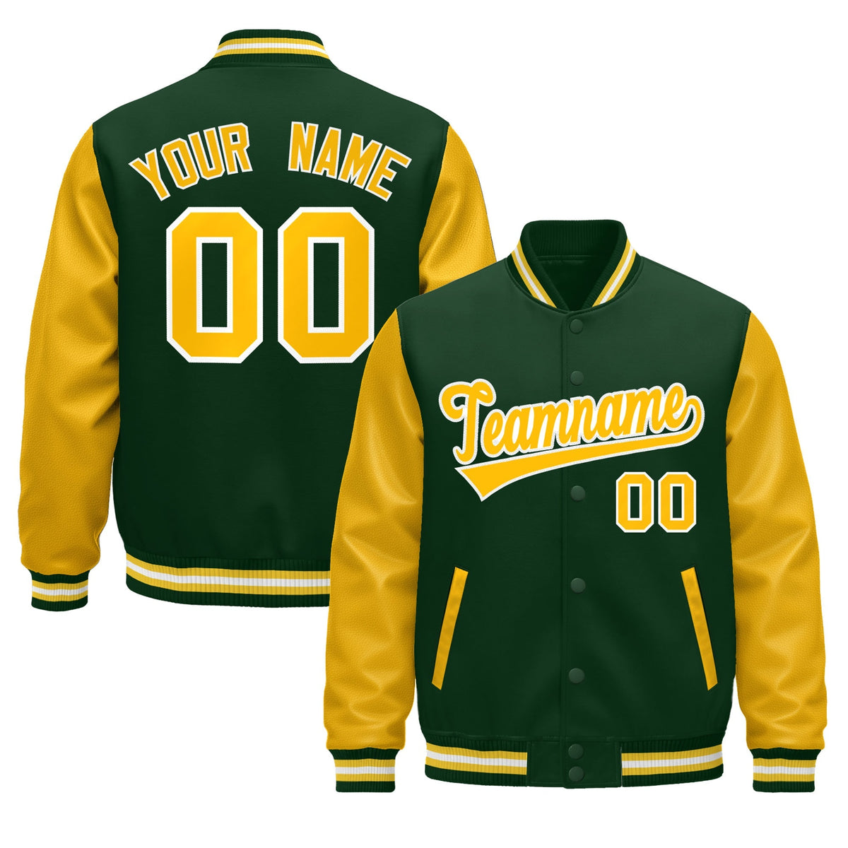 Custom Dark Green Gold White Raglan Sleeves Varsity Full-Snap Leather Sleeves Letterman Jacket| KXKSHOP