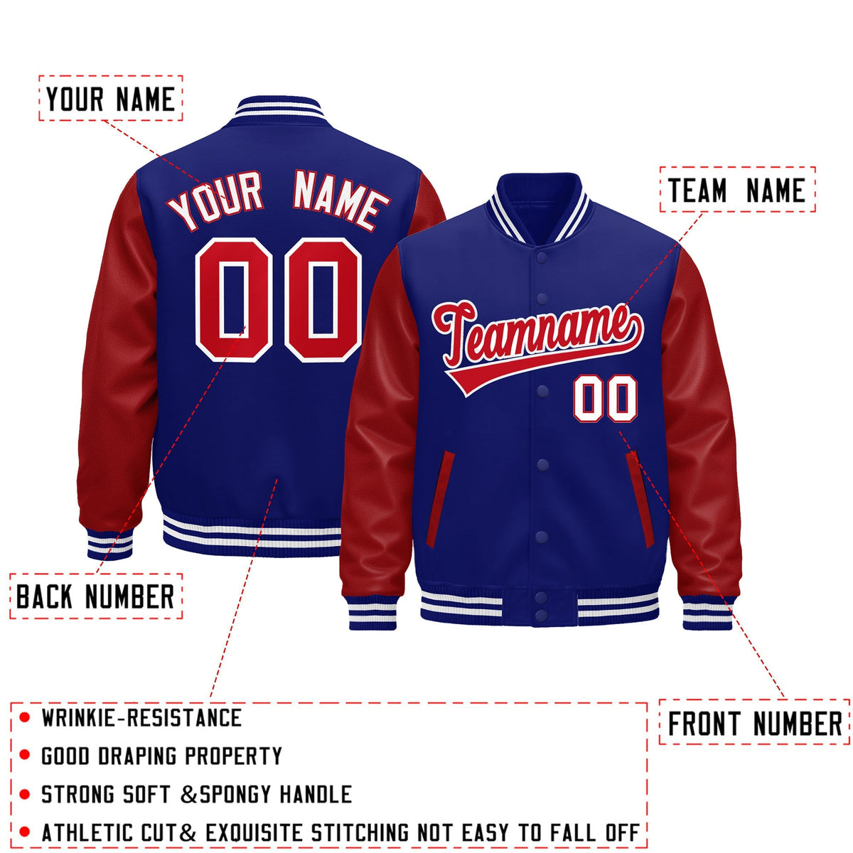 Custom Royal Blue Red White Raglan Sleeves Varsity Full-Snap Leather Sleeves Letterman Jacket| KXKSHOP