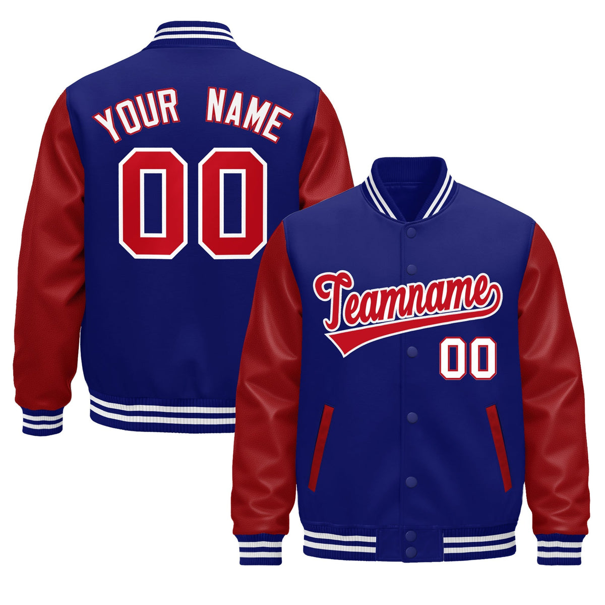 Custom Royal Blue Red White Raglan Sleeves Varsity Full-Snap Leather Sleeves Letterman Jacket| KXKSHOP