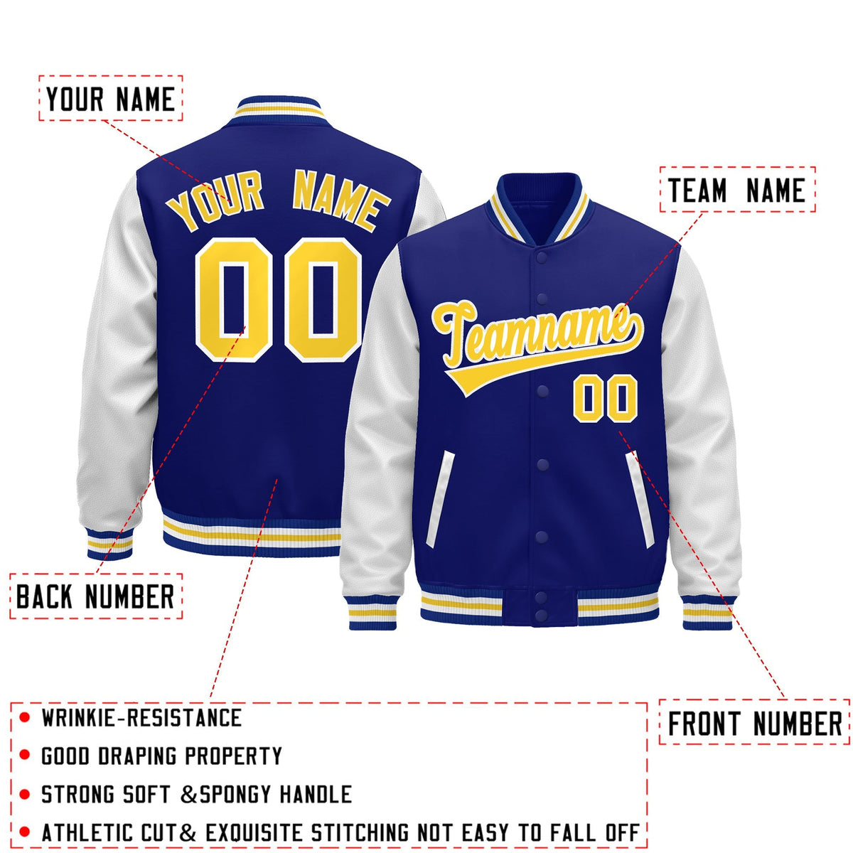 Custom Royal Blue White Gold Raglan Sleeves Varsity Full-Snap Leather Sleeves Letterman Jacket| KXKSHOP