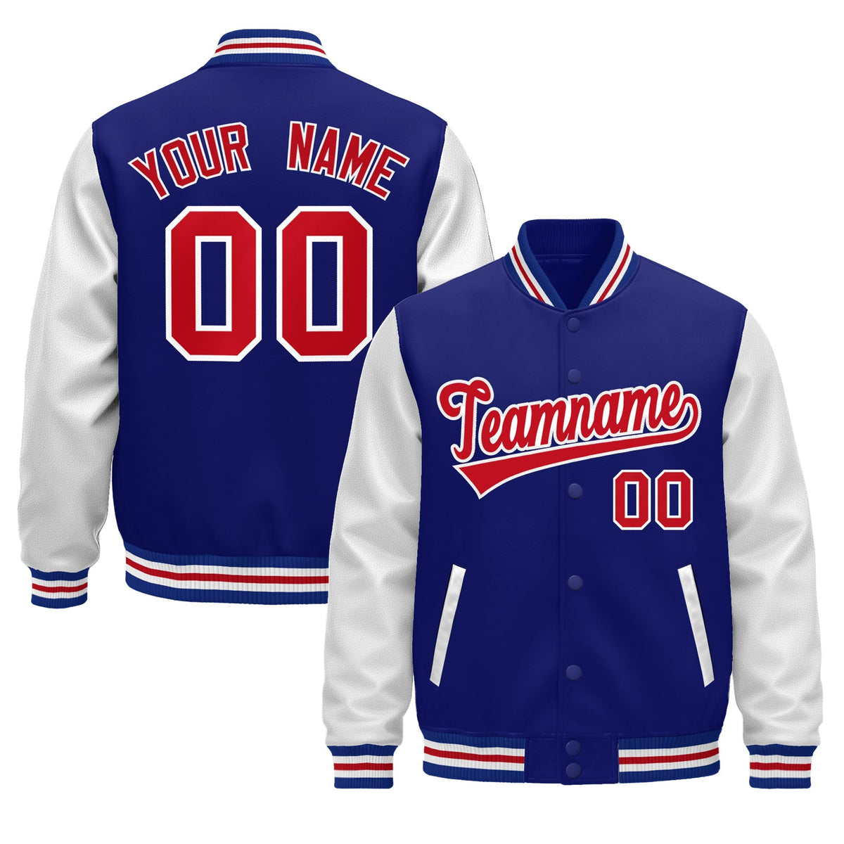 Custom Royal Blue White Red Raglan Sleeves Varsity Full-Snap Leather Sleeves Letterman Jacket| KXKSHOP